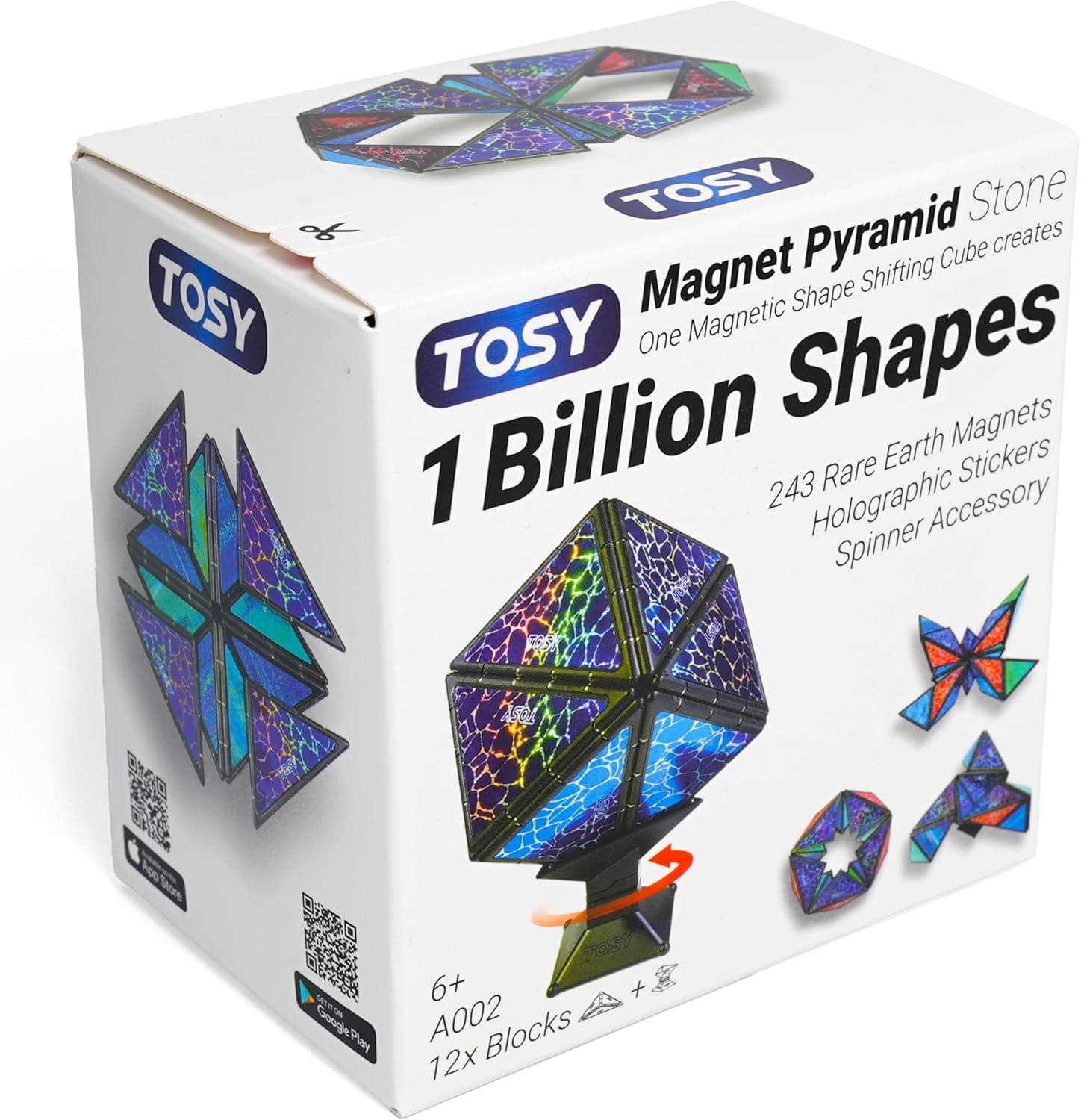 TOSY Piedra piramidal magnética: 1 cubo se transforma en mil millones de formas, 12 piezas, 243 imanes de tierras raras, azulejos magnéticos de diseño holográfico, rompecabezas creativo, juguete STEM/STEAM