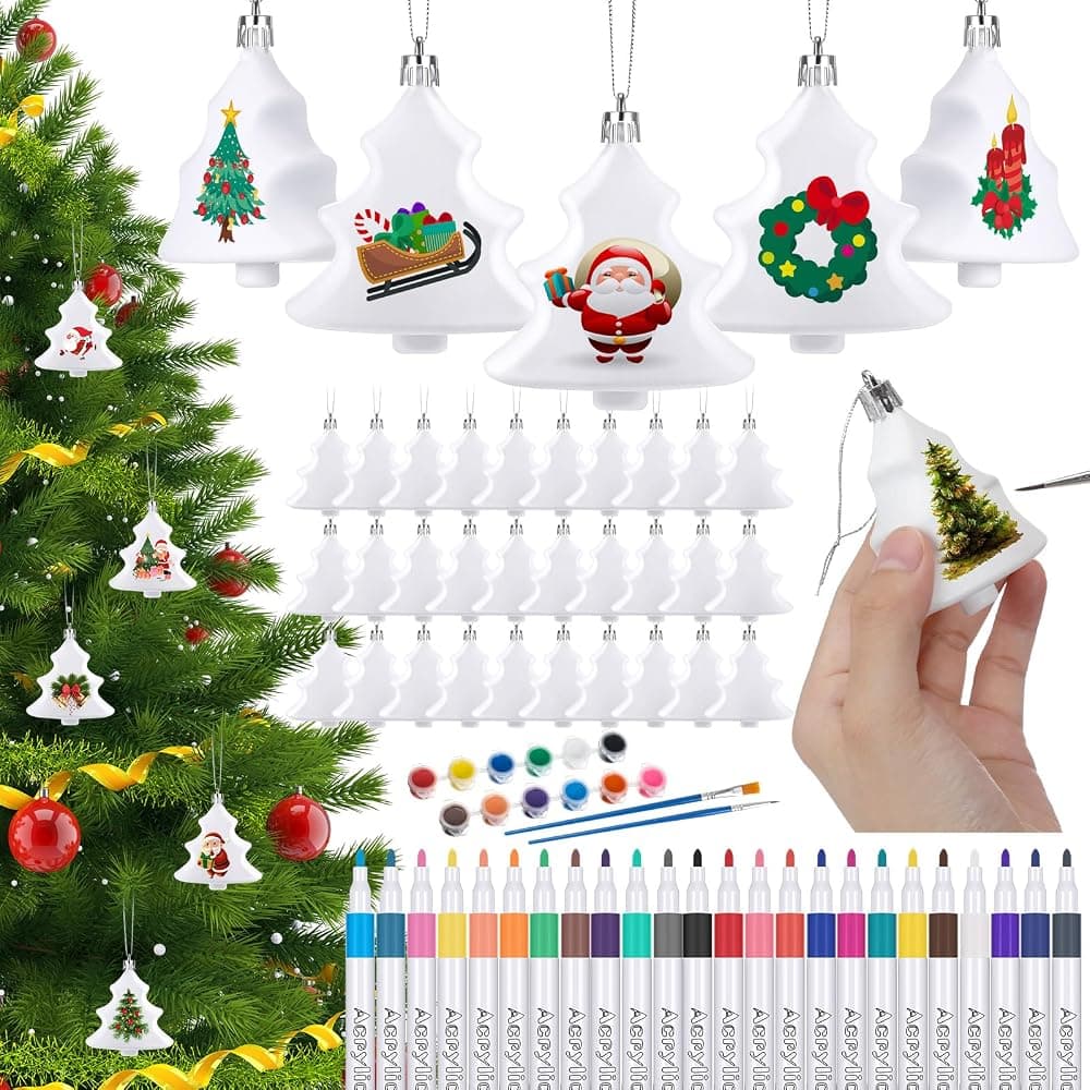 Hollowfly 36 piezas 3.15'' Navidad en blanco Adornos en forma de árbol blanco para manualidades Adornos de plástico planos pintados para decorar con set de pintura para hacer su propia decoración navideña de bricolaje