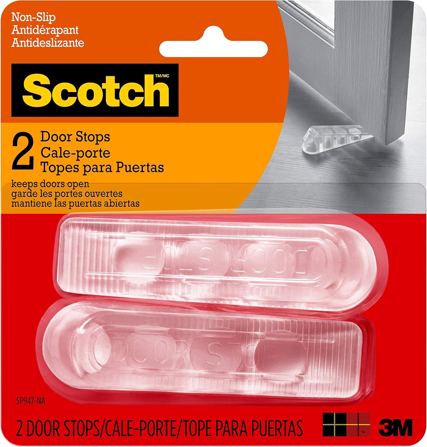 Topes de puerta Scotch, 2 unidades, 1-1/8 pulg., material flexible que garantiza un ajuste cómodo debajo de las puertas, topes fáciles de usar para la parte inferior de la puerta (SP947)