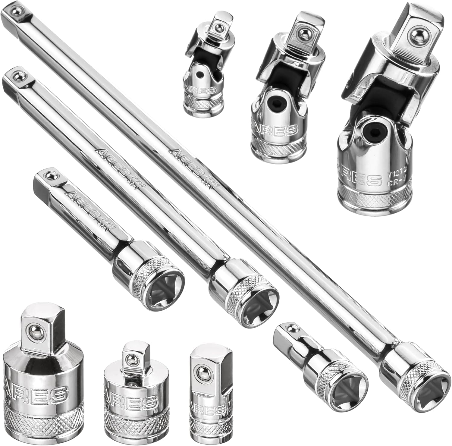 ARES 71270 Juego de extensión de enchufes de 10 piezas - Adaptadores, extensiones y juntas en U | Acero al cromo vanadio de primera calidad con acabado de espejo.