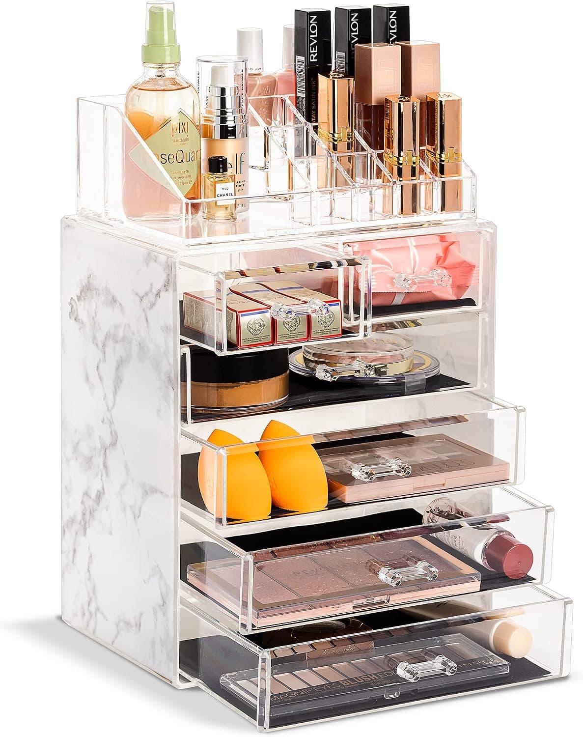 Organizador de maquillaje Sorbus, juego de 2 piezas de acrílico con 6 cajones (impresión de mármol) | Los compartimentos de plástico para tocador separan los cosméticos y las brochas por tamaño, con secciones pequeñas y anchas adecuadas para mujeres o adolescentes.