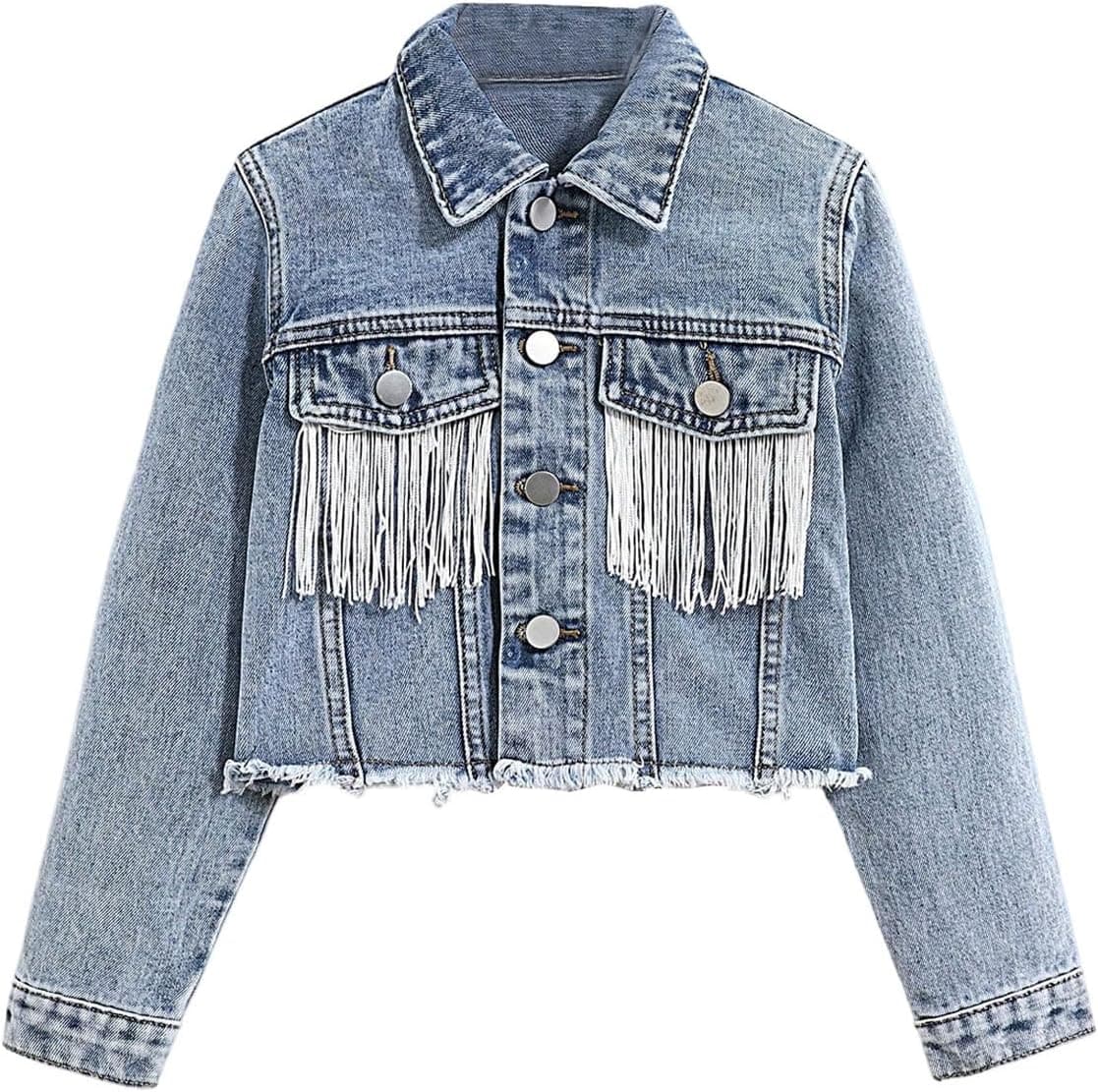 MakeMeChic Chaquetas cortas de mezclilla con flecos para niña Chaqueta vaquera con ribete crudo | Traje De Otoño, Manga Larga, Con Botones, Y2K, Lindo, Trajes Occidentales, Traje Para Concierto Country