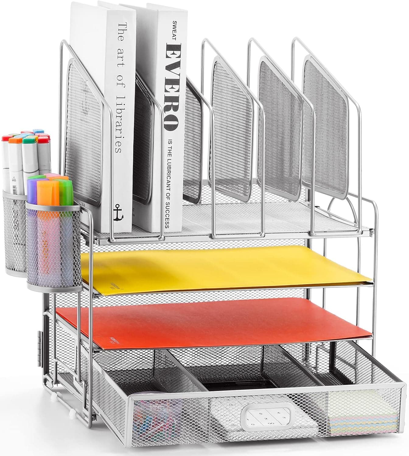 Marbrasse Organizador de escritorio, organizador de archivos de escritorio de malla de 4 niveles con 5 soportes verticales para archivos y 2 soportes para bolígrafos, organizador de escritorio multifunción, organizadores de escritorio y accesorios para oficina en casa (plateado)