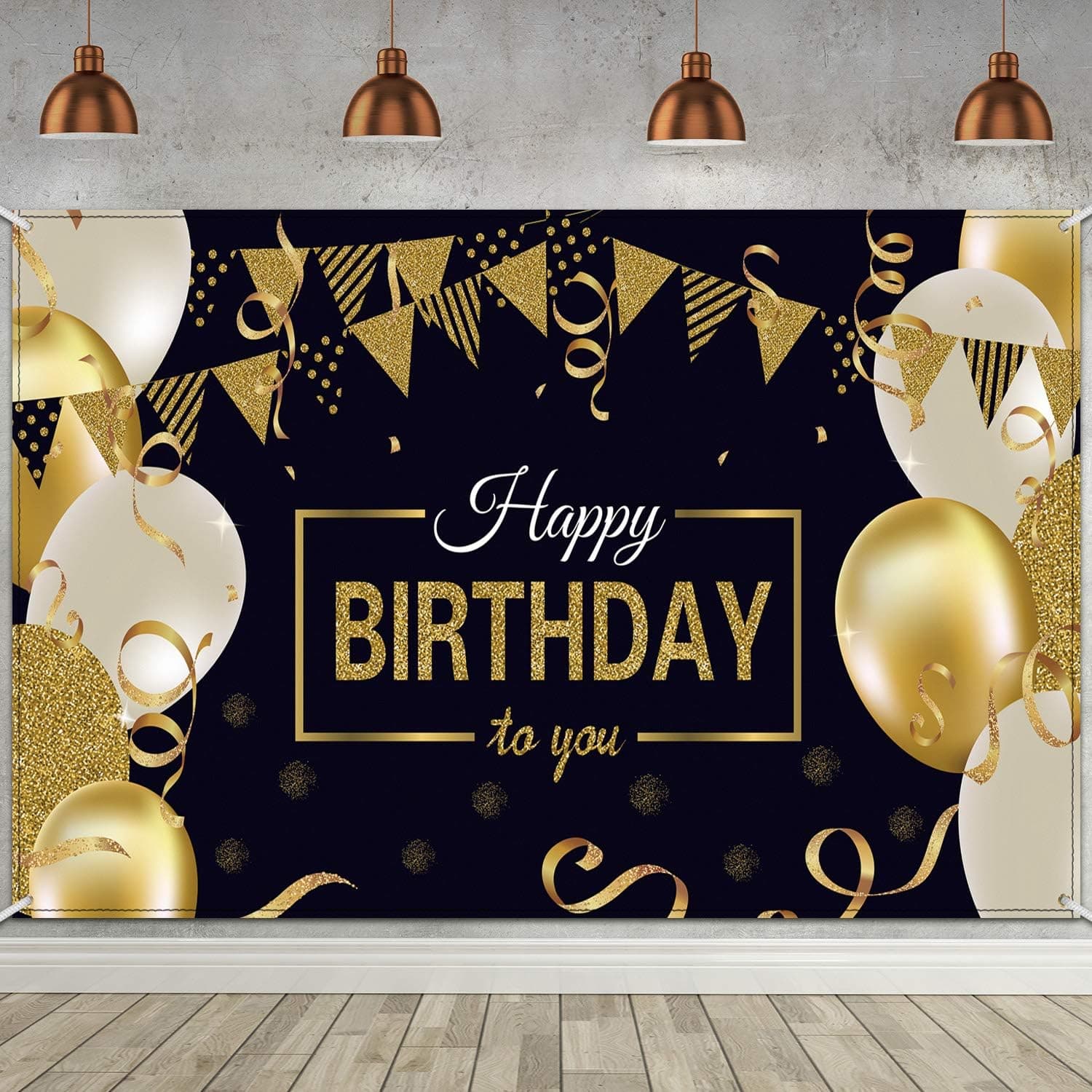Blulu Happy Birthday Banner Sign Poster Fondo fotográfico grande negro y dorado Fondo de letrero de globo con brillo de tela para suministros de decoración de fiesta de cumpleaños (negro y dorado)