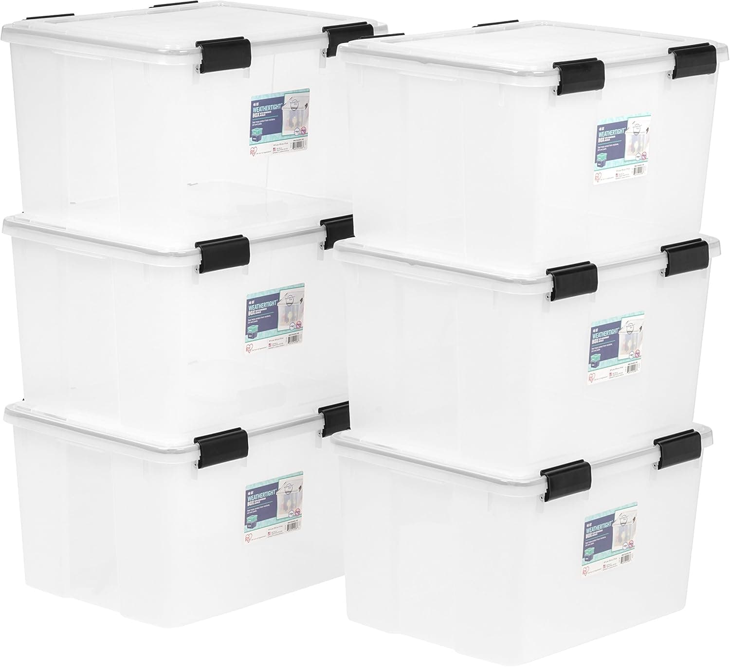 IRIS USA Contenedores de almacenamiento de plástico WEATHERPRO de 47 cuartos con tapas, contenedor organizador con tapa duradera y sello y hebillas de cierre seguro, paquete de 6