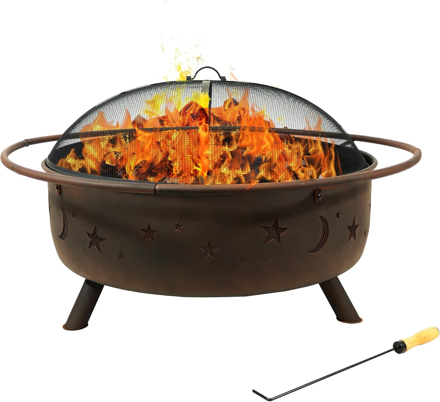 Sunnydaze Cosmic Brasero grande para exteriores de 42 ", leña, diámetro del tazón de 34" | Bronce, metal de acero resistente, incluye pantalla contra chispas, rejilla de madera y atizador, brasero redondo para exterior, patio y terraza