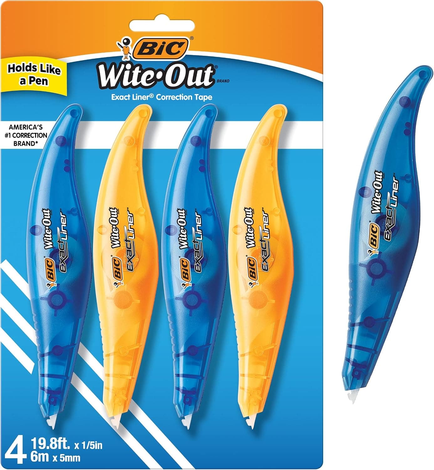 Cinta correctora BIC Wite-Out Brand Exact Liner, 19.8 pies, cinta correctora blanca, cinta correctora rápida, limpia y fácil de usar, resistente a desgarros, suministros para oficina o escuela (paquete de 18, 72 unidades en total)
