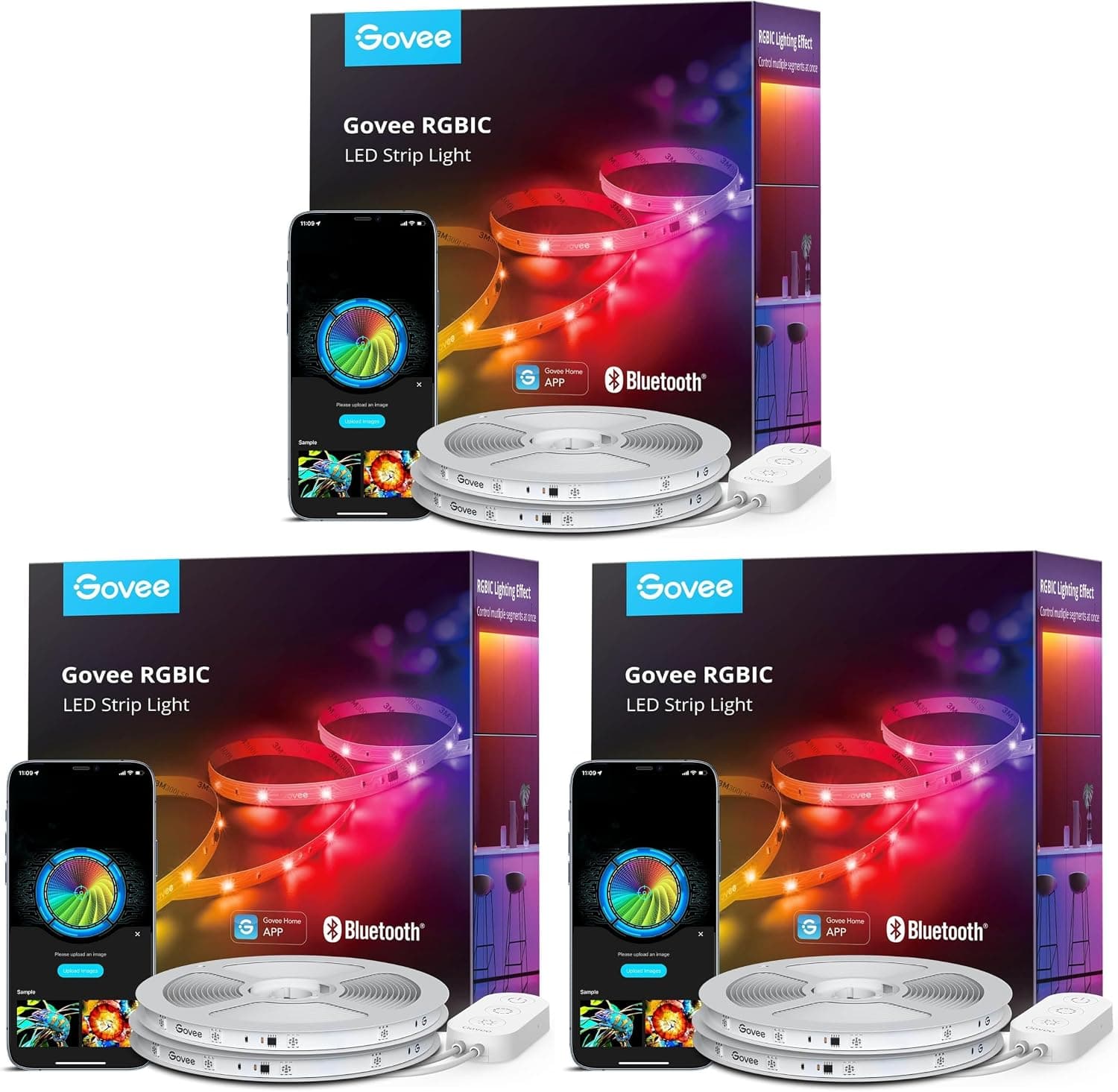 Govee RGBIC Tira de luces LED, luces LED inteligentes de 65.6 pies para dormitorio, tira de luces LED Bluetooth, control de aplicación, bricolaje de varios colores en una línea, luces LED que cambian de color para decoración del hogar (paquete de 3)