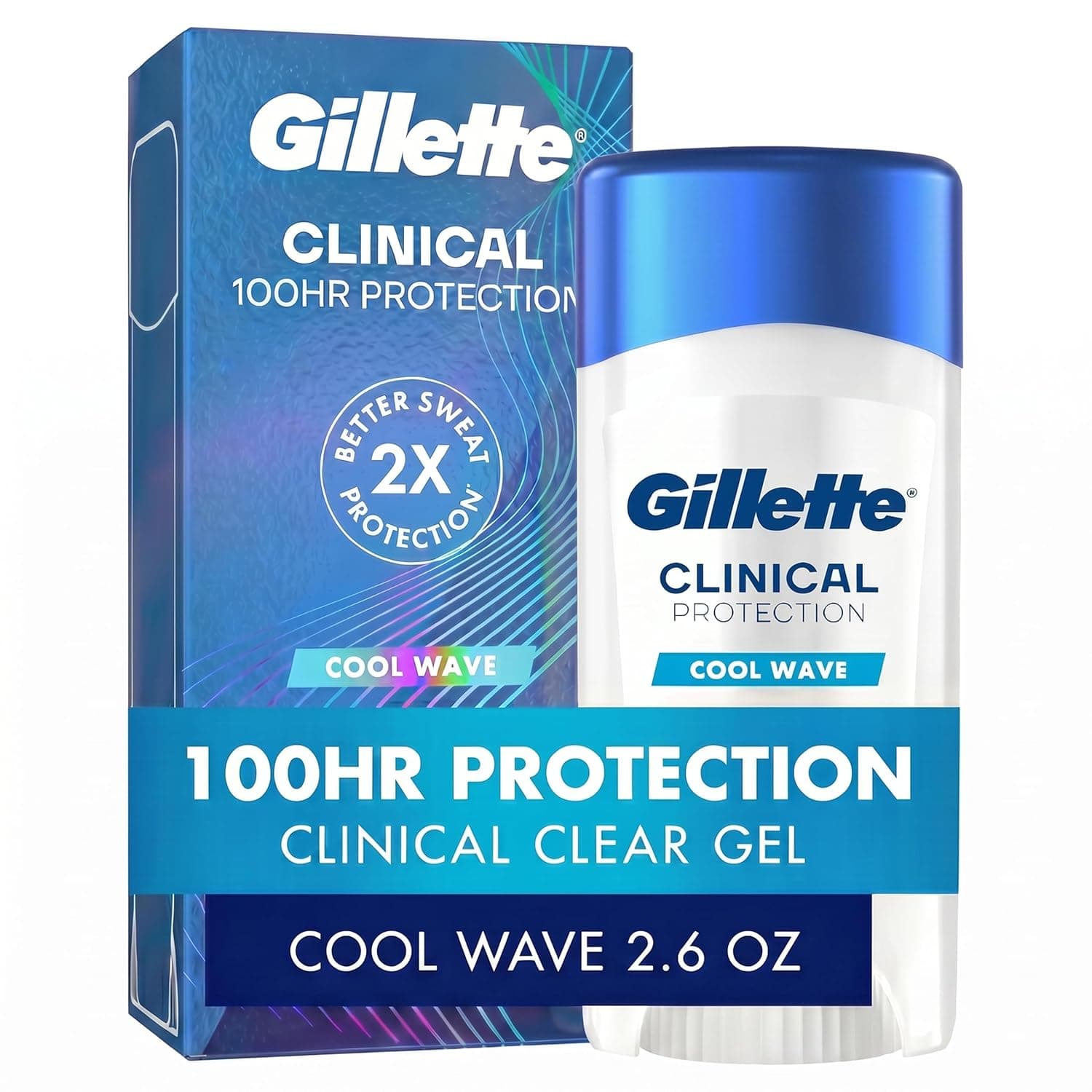 Gillette Clinical Antiperspirant and Deodorant for Men, 100HR Clinical Strength Sweat & Odor Protection, Long Lasting Freshness, Anti-White Mark Technology, Clear Gel, Cool Wave Scent, 2.6 oz