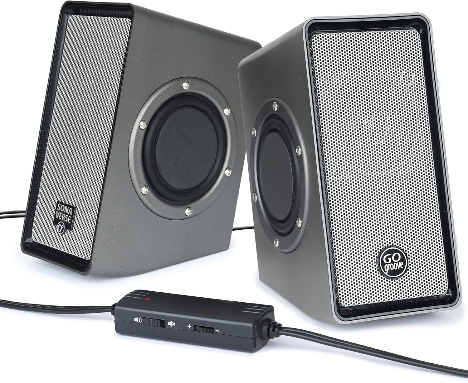 GOgroove Altavoces de computadora para PC de escritorio, alimentación USB Plug and Play AUX de 3,5 mm, diseño compacto, perilla de volumen, sonido para oficina, negocios y escuela, funciona con Windows y Mac, computadora portátil/escritorio/proyector