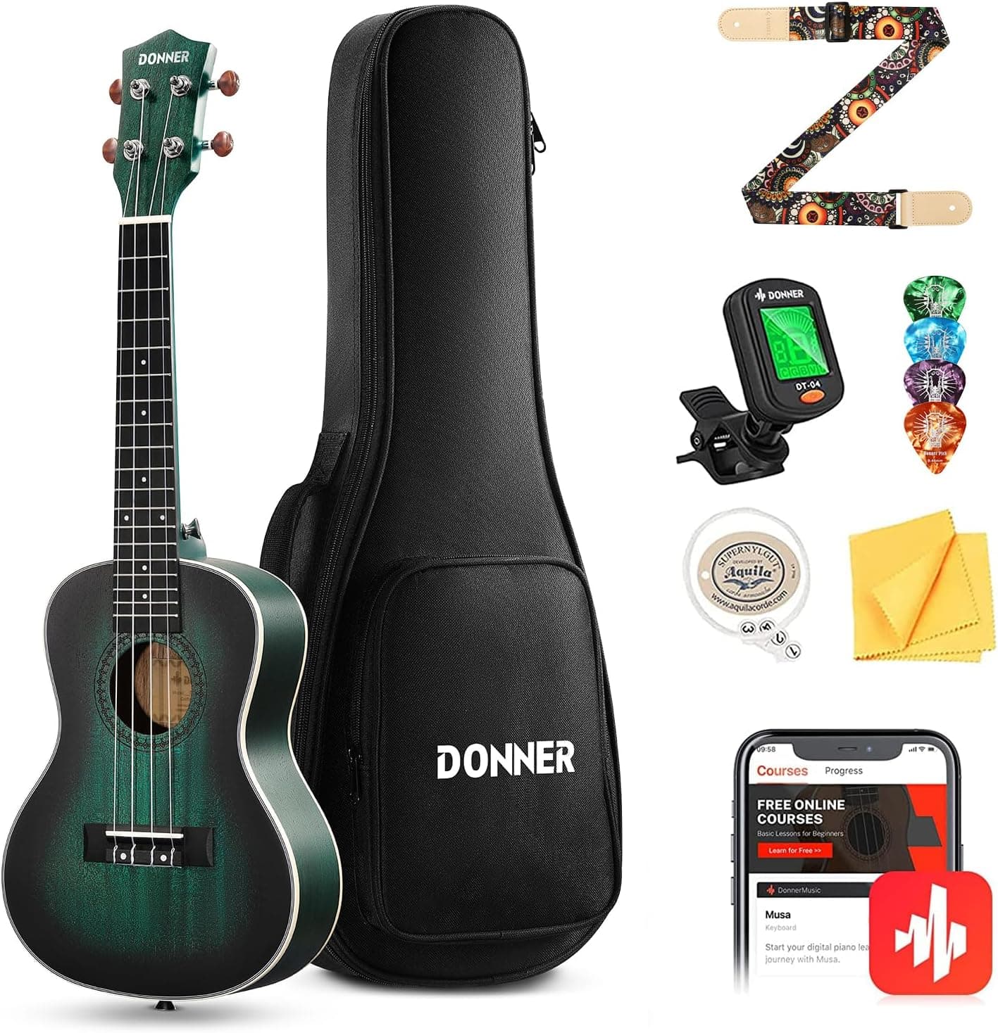 Concierto Donner Ukelele Professional 23 pulgadas Ukelele de caoba para adulto principiante Ukele Bundle con bolsa de viaje de lección en línea Aquila String Pick Tuner Strap Cloth DUC-200B Drak verde