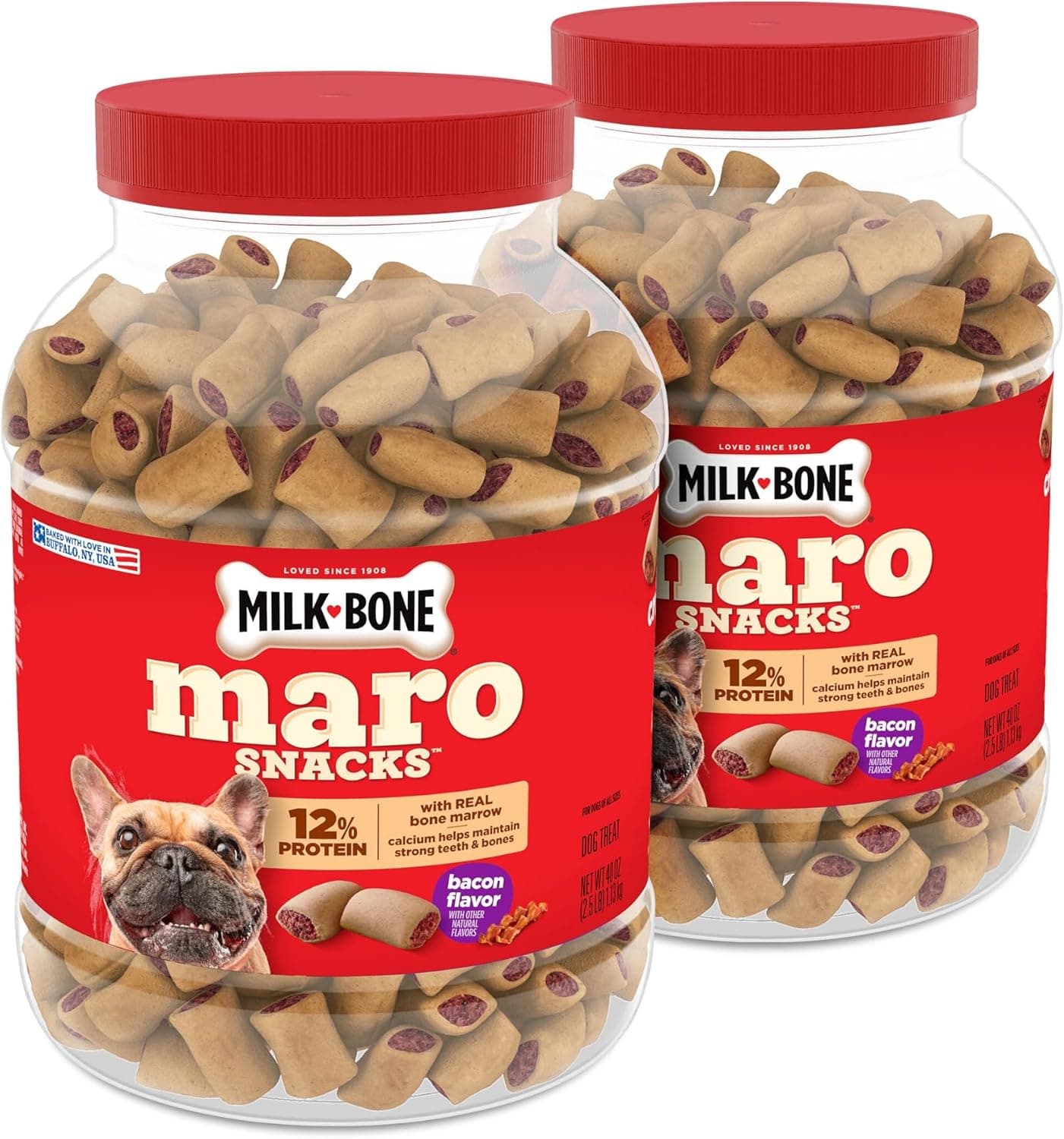 Milk-Bone MaroSnacks Golosinas para perros pequeños con sabor a tocino y médula ósea, 40 onzas (paquete de 2) (el diseño del empaque puede variar) | 40 onzas botes, Hecho con médula ósea real, Golosinas para perros con 12% de proteína