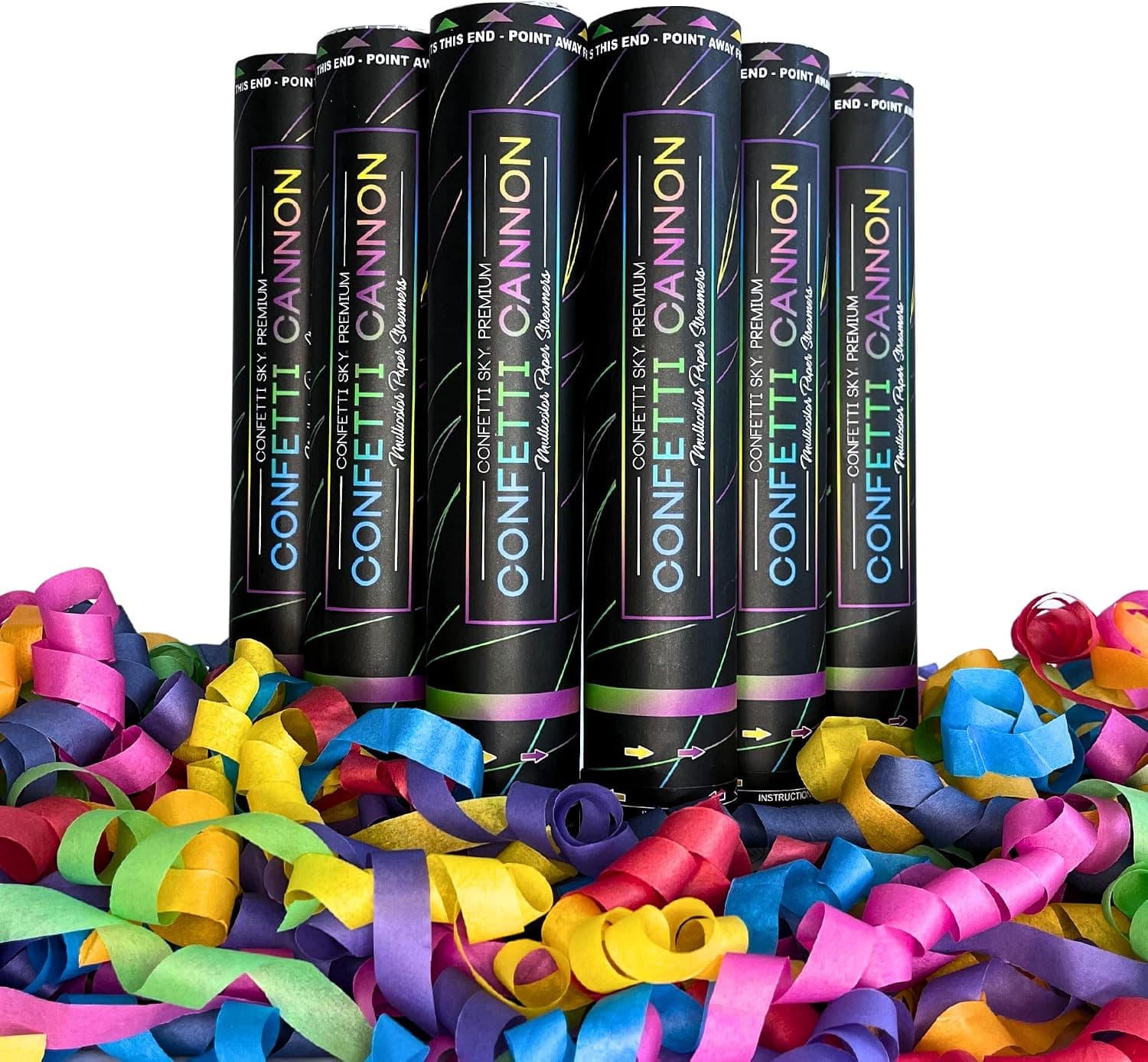 Confetti Sky [Paquete de 6] Cañones de confeti de 12 pulgadas | Serpentinas multicolores para celebración de bodas, fiestas de cumpleaños, bromas, graduaciones, Nochebuena y celebraciones de Año Nuevo
