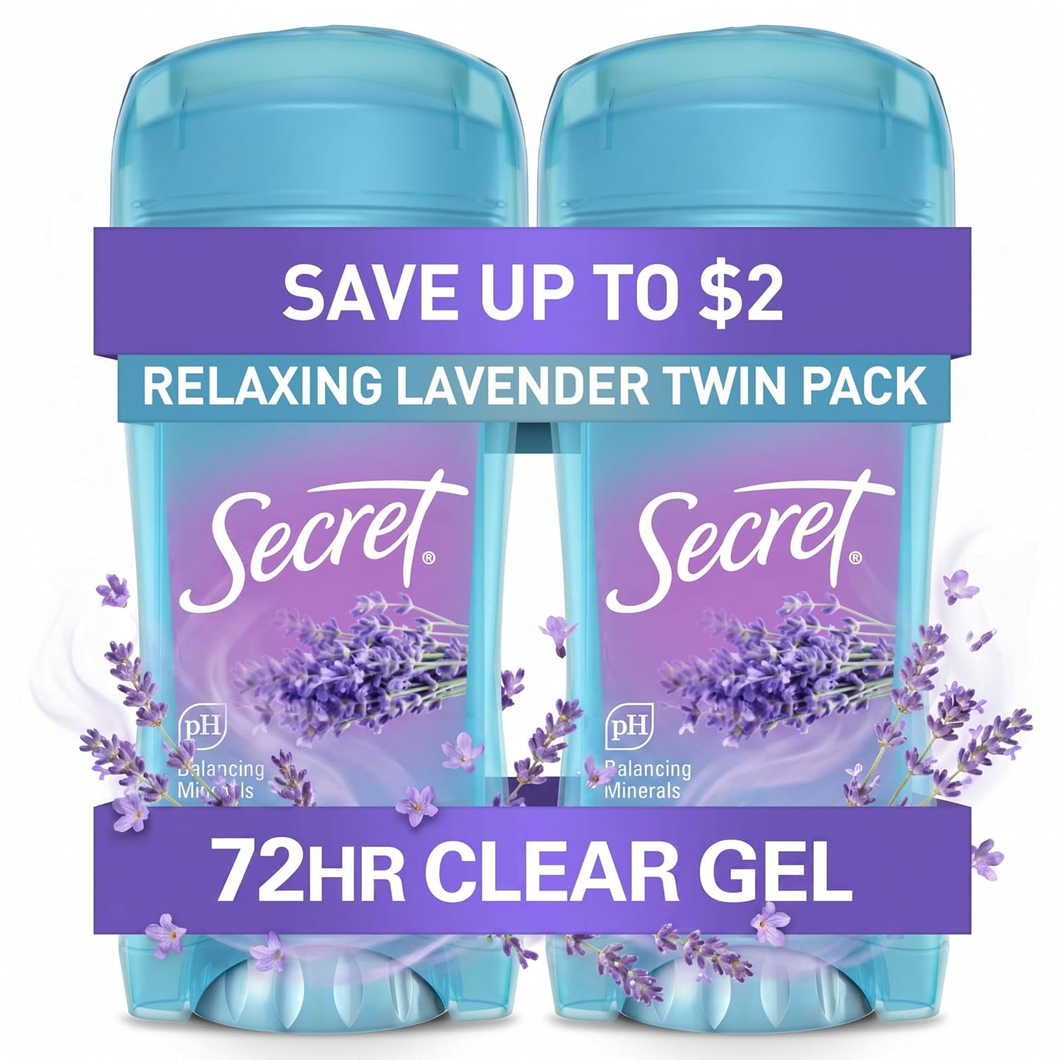 Desodorante antitranspirante Secret Fresh para mujeres, protección transpirable contra el sudor y el olor durante 72 horas, frescura instantánea y suavidad, minerales equilibradores de PH, gel transparente, aroma relajante de lavanda, 2.6 oz (paquete de 2)