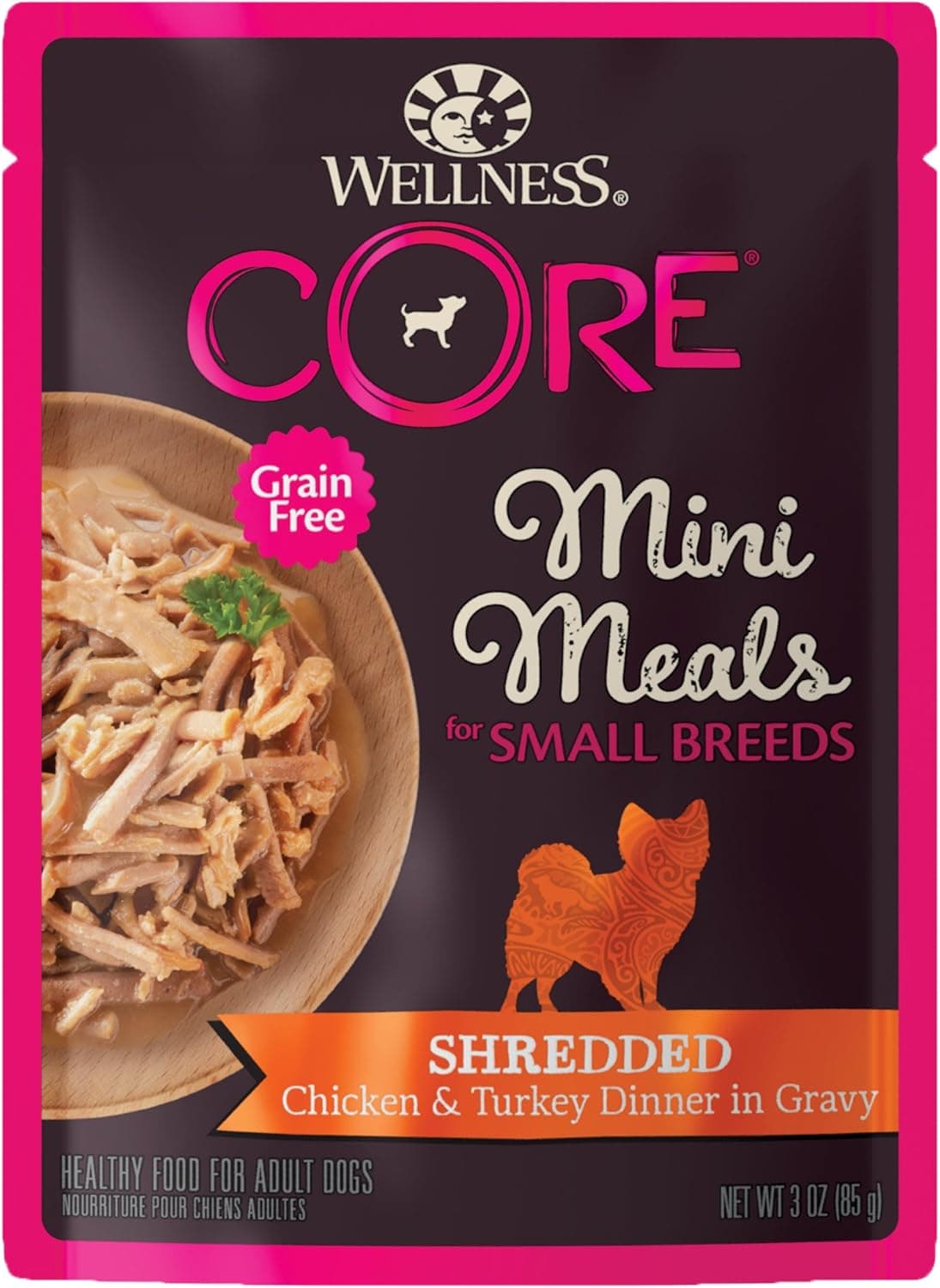 Wellness CORE Mini comidas de raza pequeña trituradas en salsa, alimento húmedo para perros adultos, sin granos, natural, receta de cena de pollo y pavo, 3 oz, paquete de 12 bolsas