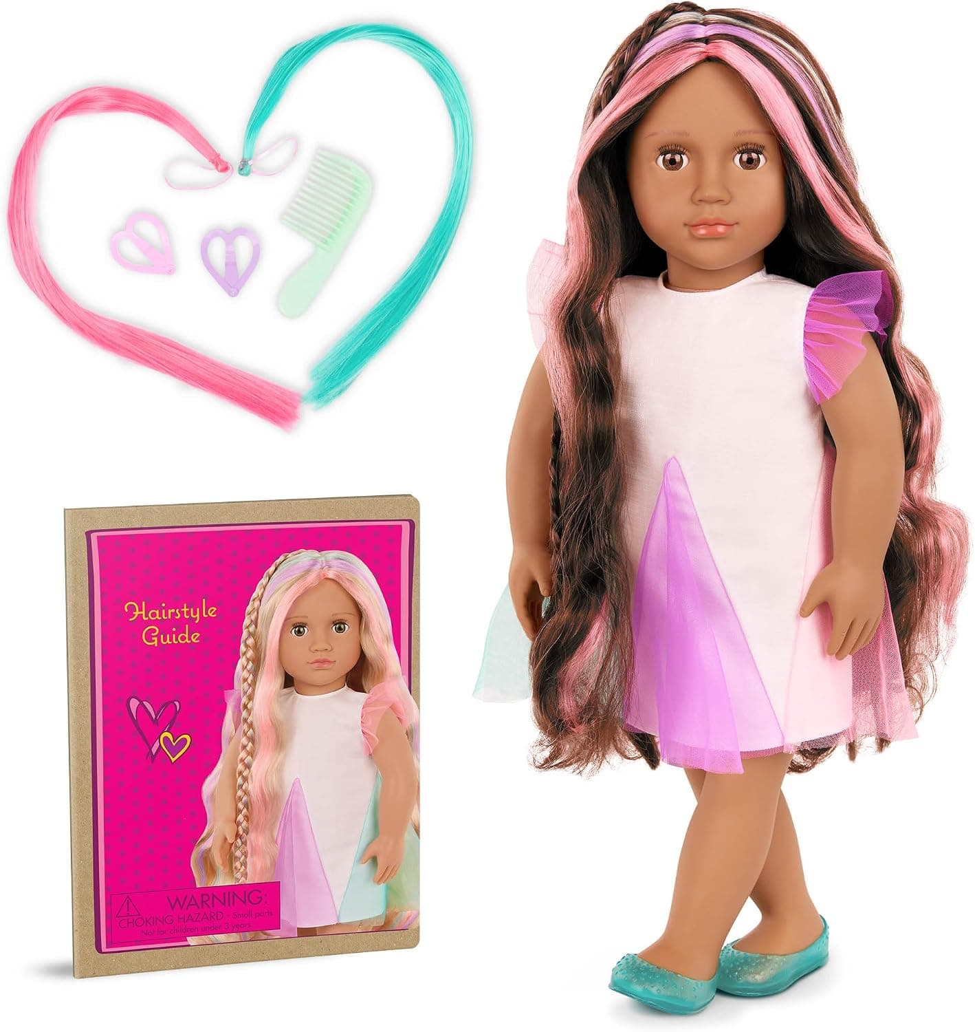 Nuestra muñeca Generation Hair Grow de 18 pulgadas Tania, muñeca de trenza extensible, muñecas | Muñeca From Hair to There con 2 extensiones de cabello, 2 clips para el corazón, peine y folleto de guía de estilo con 4 looks, Tania, más de 3años