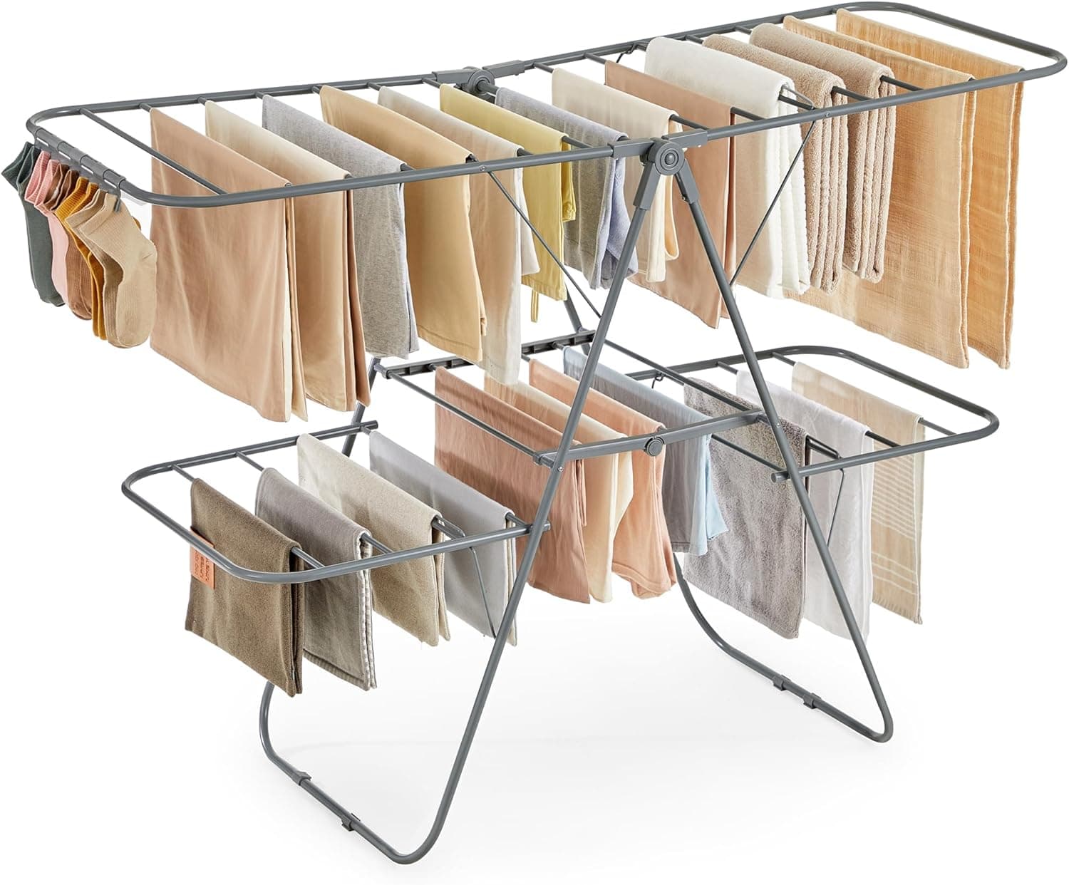 SONGMICS Tendedero de Ropa, Tendedero Plegable de 2 Niveles | Tendedero de pie, 2 alas de gaviota de altura ajustable, pinzas para calcetines, gris, colección BUNJI ULLR053G02