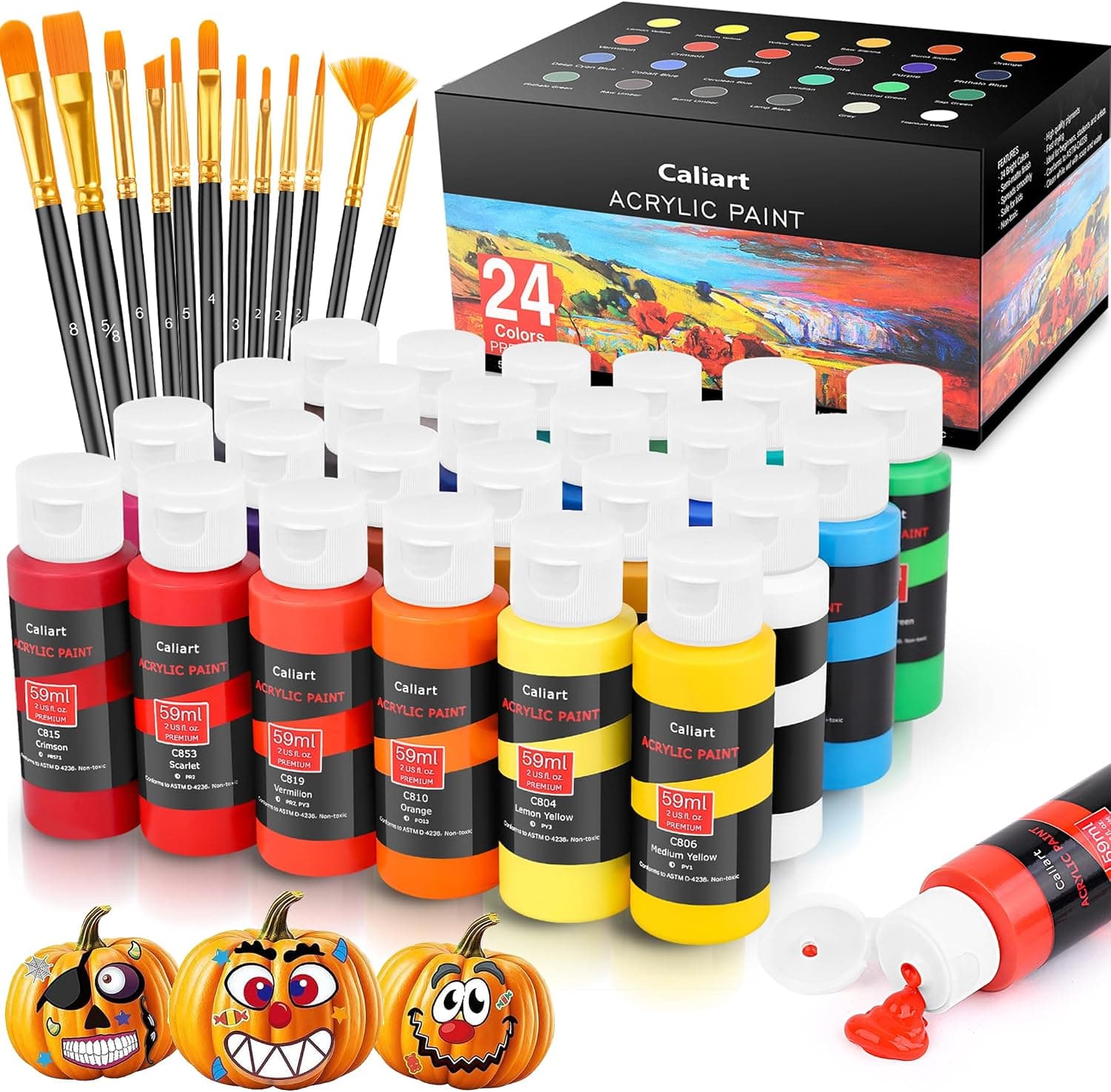 Caliart Juego de pintura acrílica de 24 colores con 12 pinceles | Kit de pintura artesanal para adultos artistas principiantes, lienzo de calabaza de Halloween, tela de cerámica de madera, suministros de arte, pinturas
