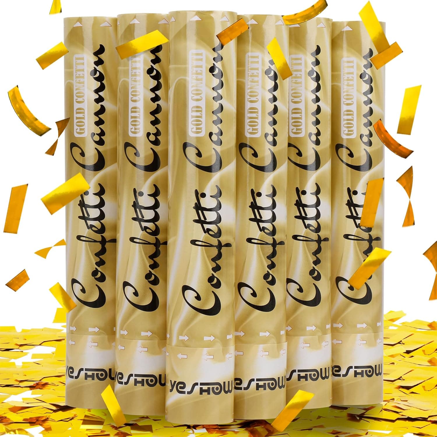 Confeti Cannon Party Poppers dorado, YESHOW Confeti dorado de aluminio, paquete de 6 | Lanzadores de confeti para graduación, cumpleaños, bodas, Navidad, Nochevieja y día de San Valentín, cualquier celebración