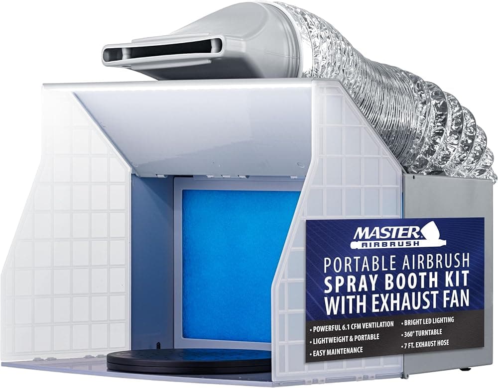 Master Airbrush Cabina de pulverización portátil para aerógrafo con extractor de aire, luz LED | Plato giratorio y manguera de extensión, cabina de aerógrafo para proyectos de pintura, modelos, RC, artes, manualidades, pasteles, 16,5" x 15"x 13"