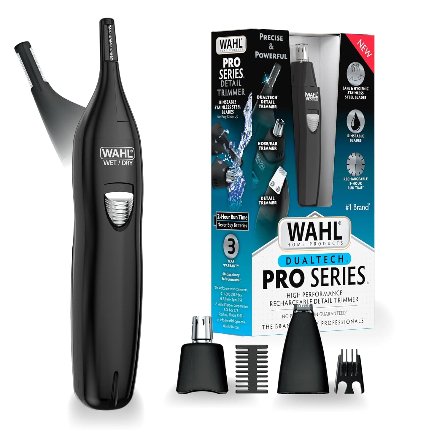 Wahl Pro Series Rechargeable Dual Sided Eyebrow, Ear & Nose Hair Trimmer | Painless Dualtech Eyebrow, Ear & Nose Hair Removal For Men, Rechargeable Facial Hair Removal Device – Model 3025656