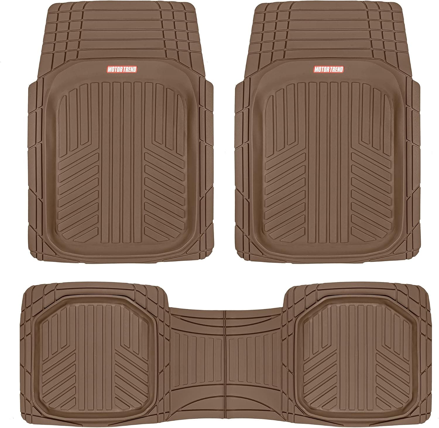 Motor Trend FlexToughXL DeepDish Alfombrillas de piso para coches, juego completo de alfombrillas de goma para todo tipo de clima, impermeables y resistentes, revestimientos de piso flexibles para coche, camión, furgoneta, SUV, alfombrilla de coche (marrón)