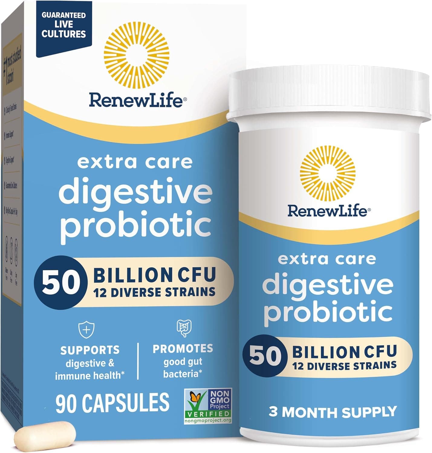 Renew Life Extra Care Probiótico Digestivo 50 mil millones de UFC | 90 Cápsulas Vegetarianas | Apoya la salud digestiva, inmune y respiratoria | Suplemento sin lácteos, soja y gluten