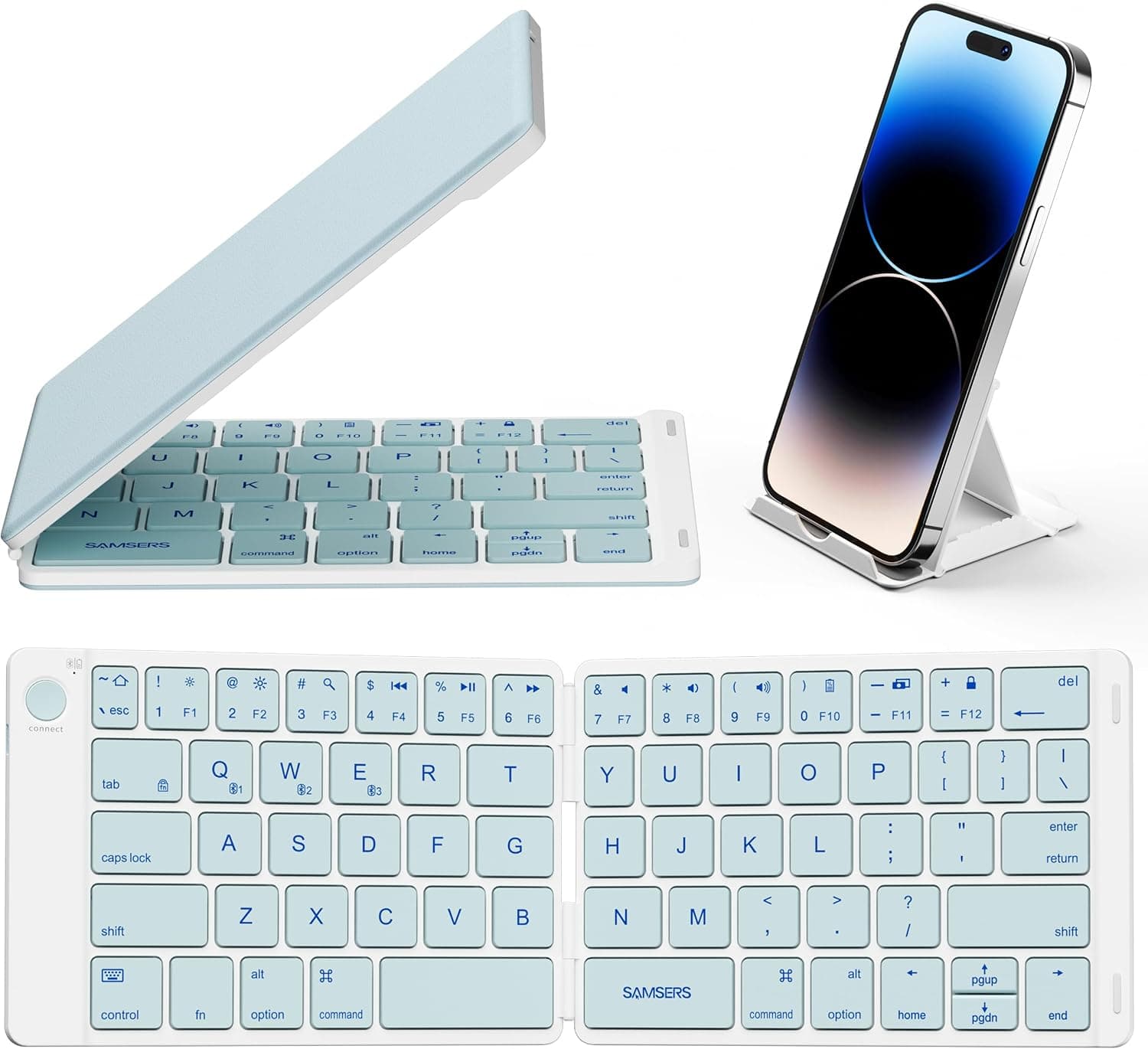 Samsers Teclado Bluetooth plegable ultradelgado para teléfono, tableta, PC, azul | Funda de cuero PU, soporte para teléfono, tamaño de la palma de la mano, BT x 3, diseño compacto portátil, para viajeros mecanógrafos, en movimiento, trabajo móvil