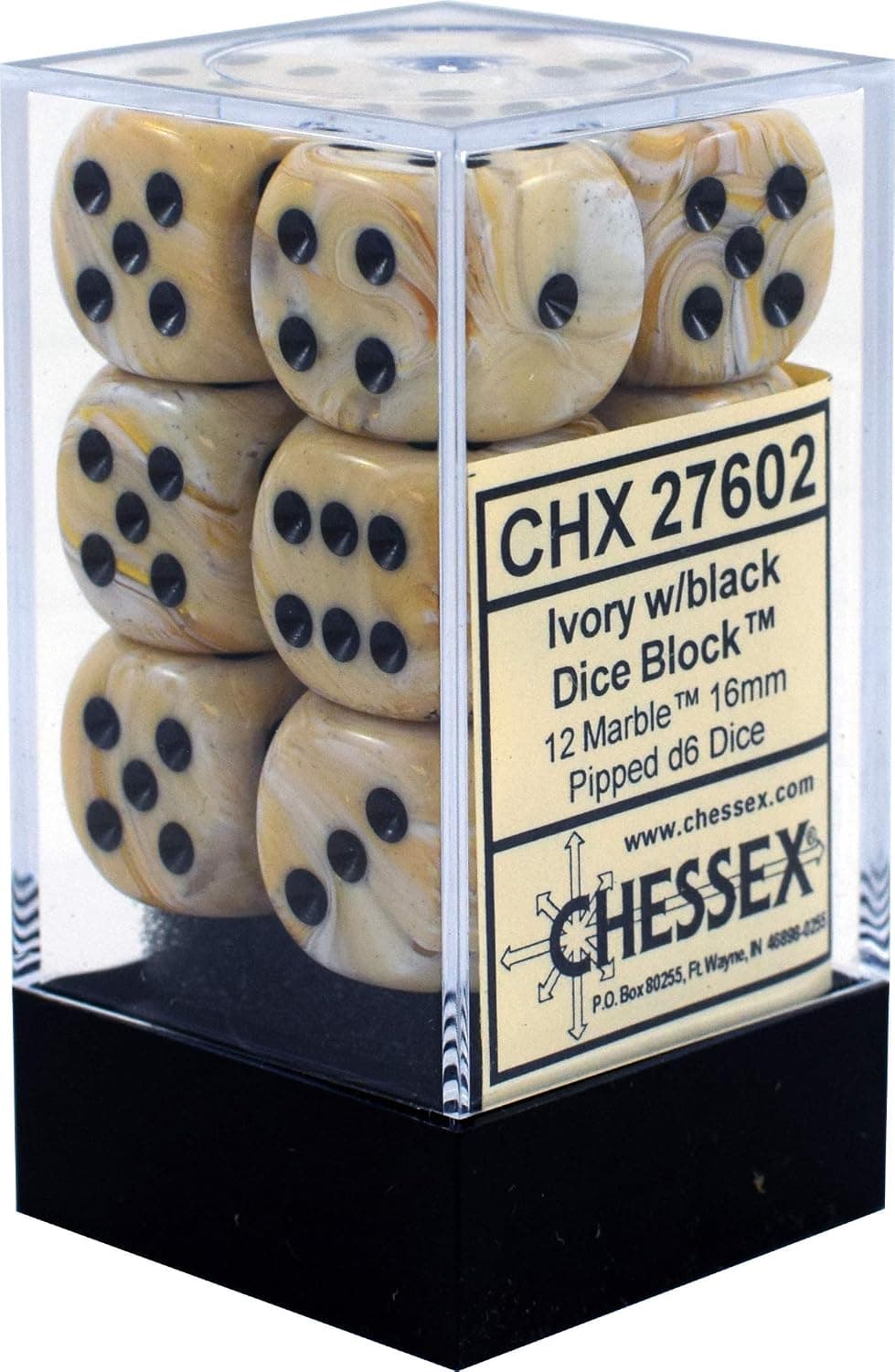 Juegos de dados Chessex d6: mármol marfil con negro - Troquel de seis caras de 16 mm (12) bloque de dados