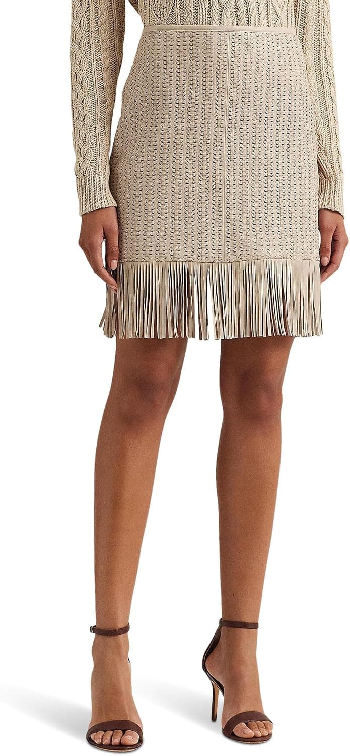Falda de tubo de cuero tejido con ribete de flecos de Lauren Ralph Lauren