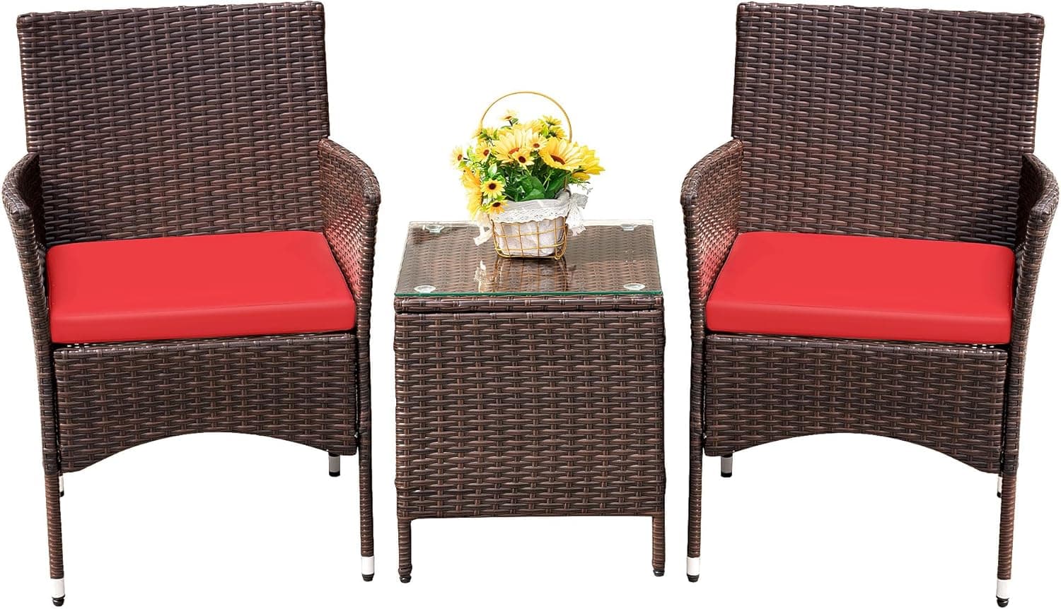 Devoko Juego de muebles de patio de 3 piezas Conversación de mimbre al aire libre (rojo) | Juego de mesa y sillas de ratán PE para porche y Patio, 2 unidades, para balcón, jardín y patio