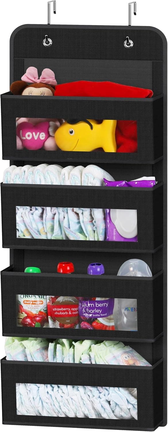 Simple Houseware Organizador para colgar sobre la puerta con 4 bolsillos transparentes para ventana, negro | Almacenamiento sobre la puerta para armario, dormitorio, baño, despensa
