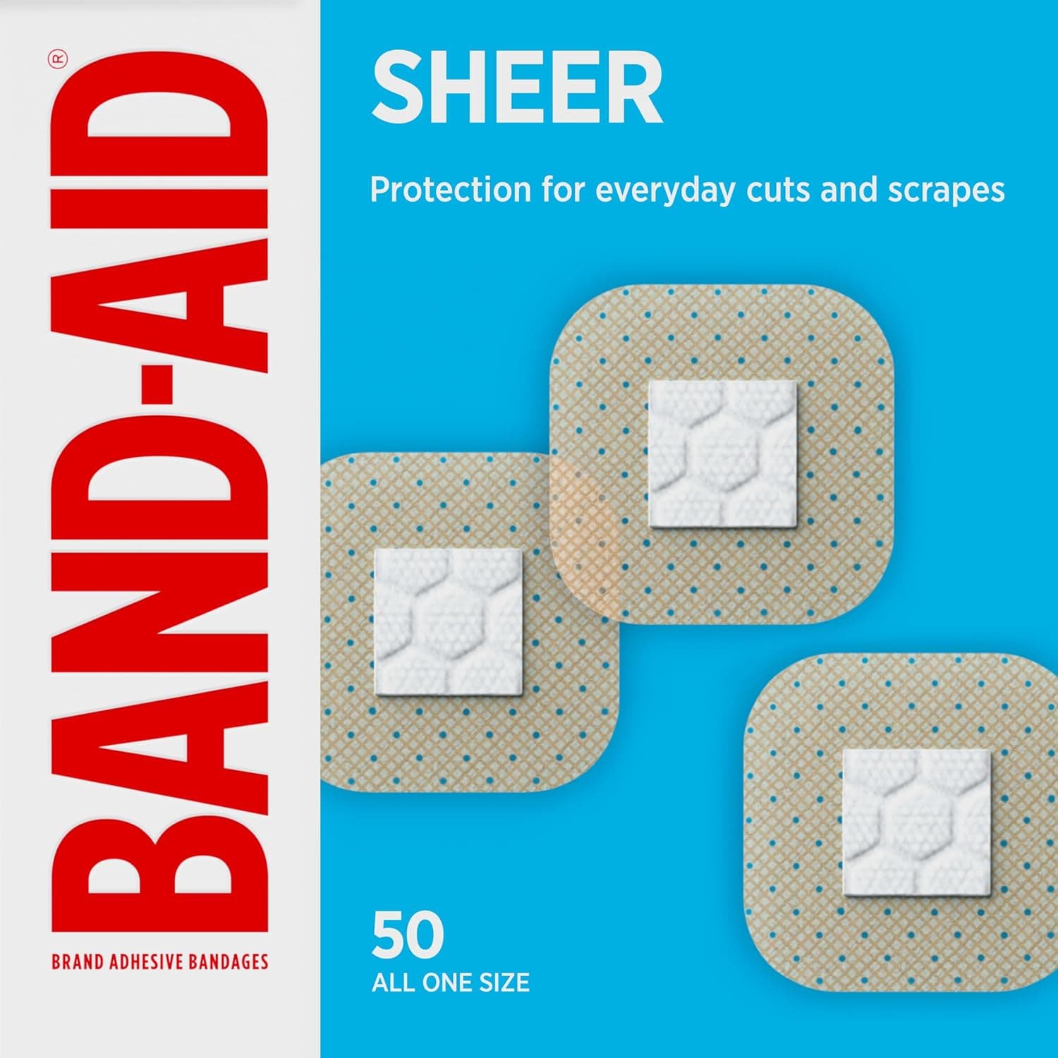Vendas adhesivas cuadradas Sheer Spot de la marca BAND-AID, todas de talla única, 50 unidades | Protección ligera, cuidado discreto y estéril de heridas para cortes y rasguños menores, vendajes para zonas pequeñas, botiquín de primeros auxilios esencial
