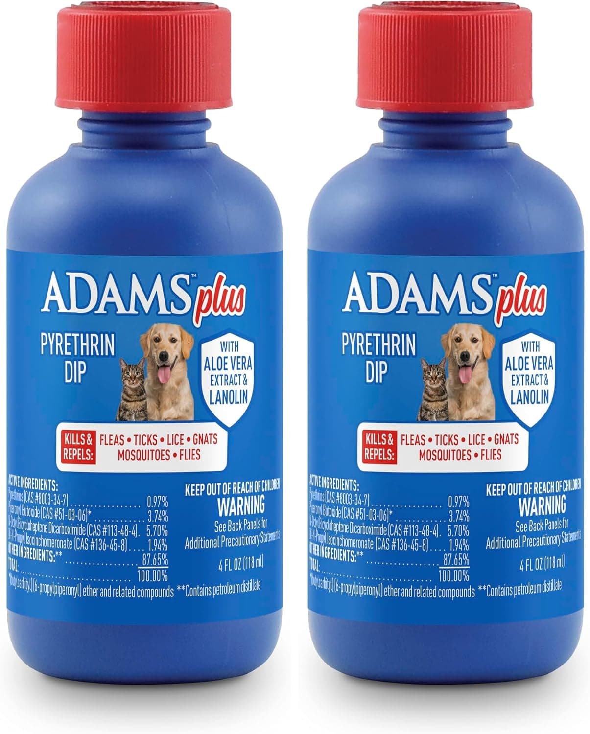 ADAMS Plus Pyrethrin Flea Dip for Dogs and Cats, Kills and Repels Fleas, Ticks, Lice, Gnats, Mosquitoes and Flies, for Dogs, Cats, Puppies, & Kittens, 4 Fl oz (Pack of 2)