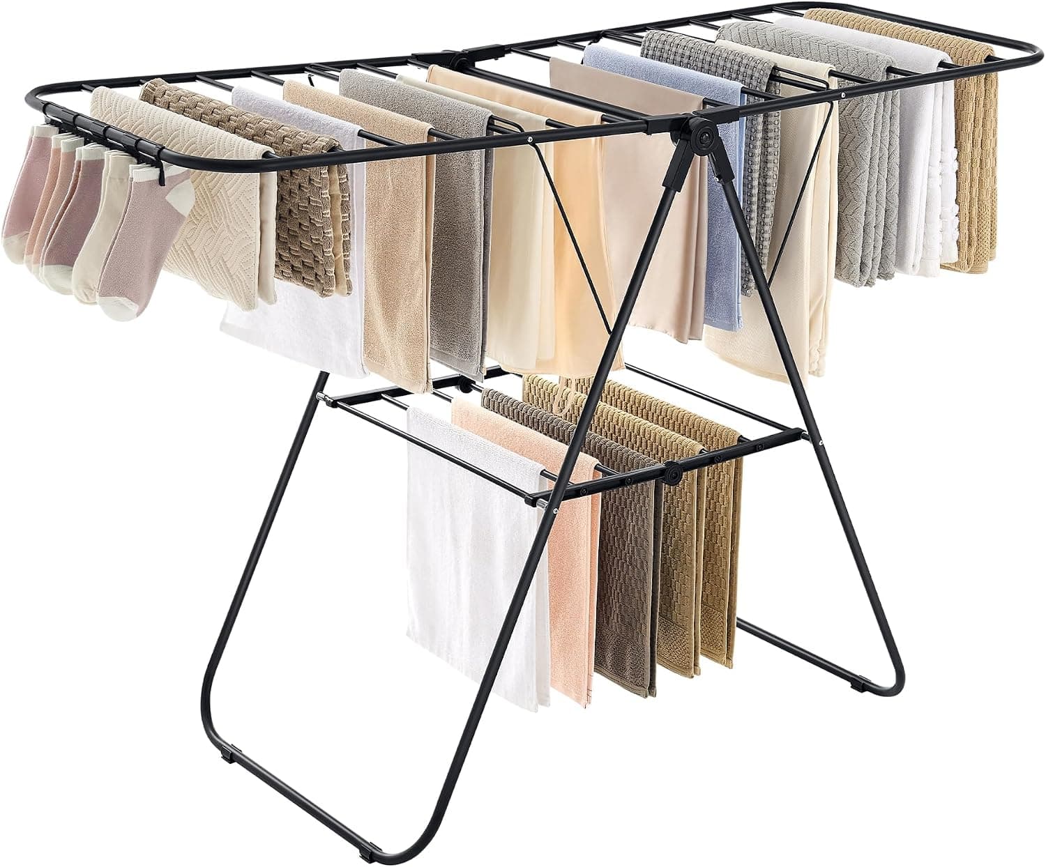 SONGMICS Tendedero de Ropa, con Pinzas para Calcetines, Tendedero de Metal, Plegable, Ahorro de Espacio, Tendedero Independiente, con 2 Alas de Gaviota de Altura Ajustable, Uso en Interiores y Exteriores, Negro ULLR052B01