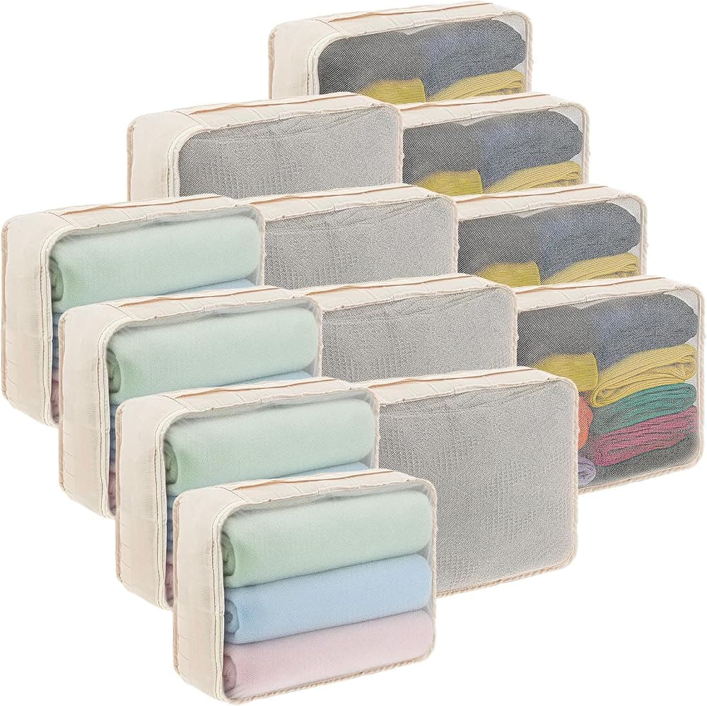 Kifmurase 12 cubos de embalaje para maletas, organizadores de equipaje de viaje, bolsas de malla grandes para ropa interior, bolsas de lavandería plegables para senderismo, camping, mochilero, accesorios de ropa (beige)