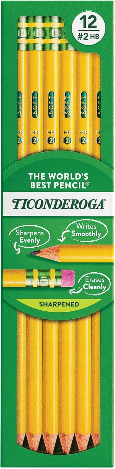 Lápices con carcasa de madera Ticonderoga, preafilados | #2 HB Soft, amarillo, 12 unidades, tamaño estándar, borrador de alta calidad