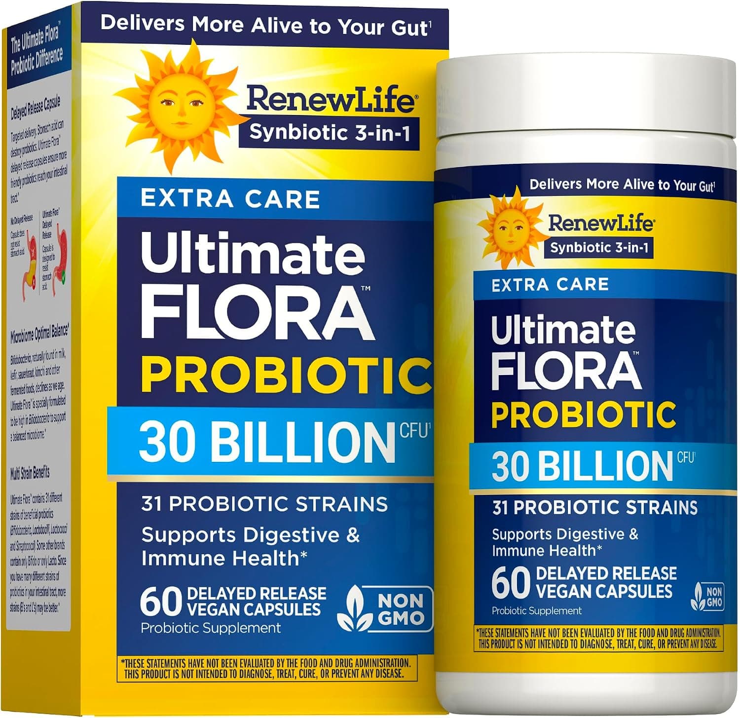 RenewLife Extra Care Ultimate FLORA Probiótico, 60 cápsulas | 60 Cápsulas Vegetarianas | Apoya la salud digestiva, inmune y respiratoria | Suplemento sin lácteos, soja y gluten
