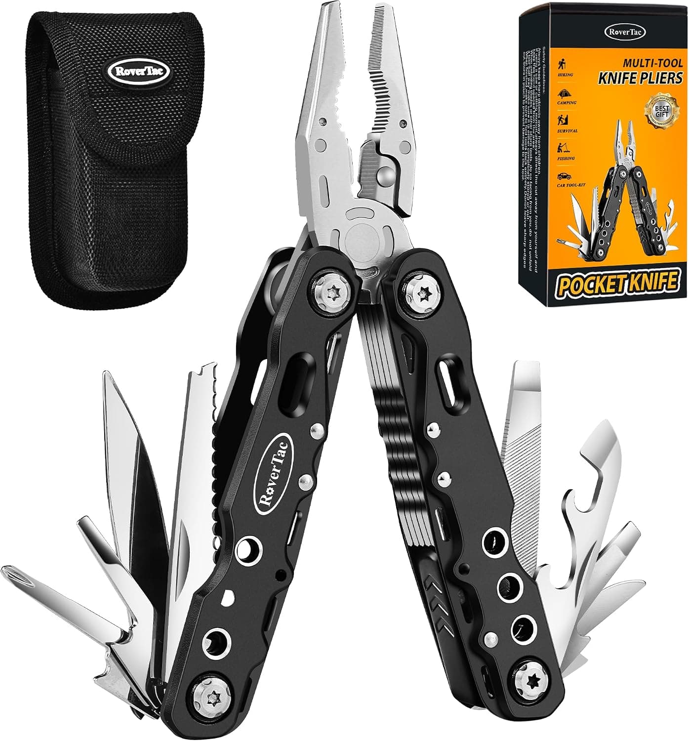 RoverTac Alicates multiherramienta cuchillo de bolsillo, 14 en 1, alicates multiherramienta, sierra, abridor de botellas, cierre de seguridad, funda de nailon, equipo de senderismo, multiherramienta para acampar, supervivencia, senderismo, bricolaje, regalos para hombres y papá
