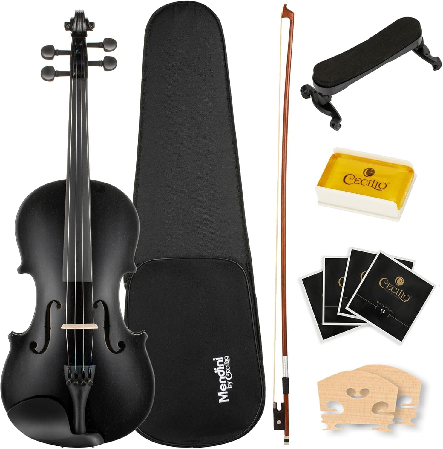 Mendini by Cecilio Violín 4/4 Kit de tamaño completo para principiantes - Juego de violines acústicos tallados a mano - Kit de violín de madera maciza con estuche rígido, arco, colofonia, reposa hombros, puente y cuerdas adicionales (negro)