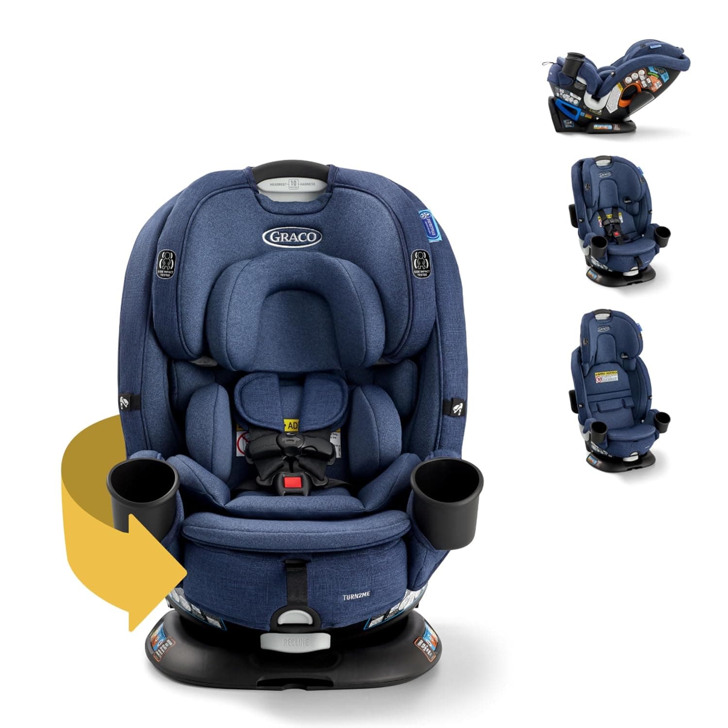 Graco Turn2Me Asiento convertible giratorio 3 en 1 para automóvil, Brighton, solo rotación orientada hacia atrás, modo orientado hacia adelante, elevador con respaldo alto de hasta 100 lbs, reposacabezas y arnés ajustables, marco reforzado de acero