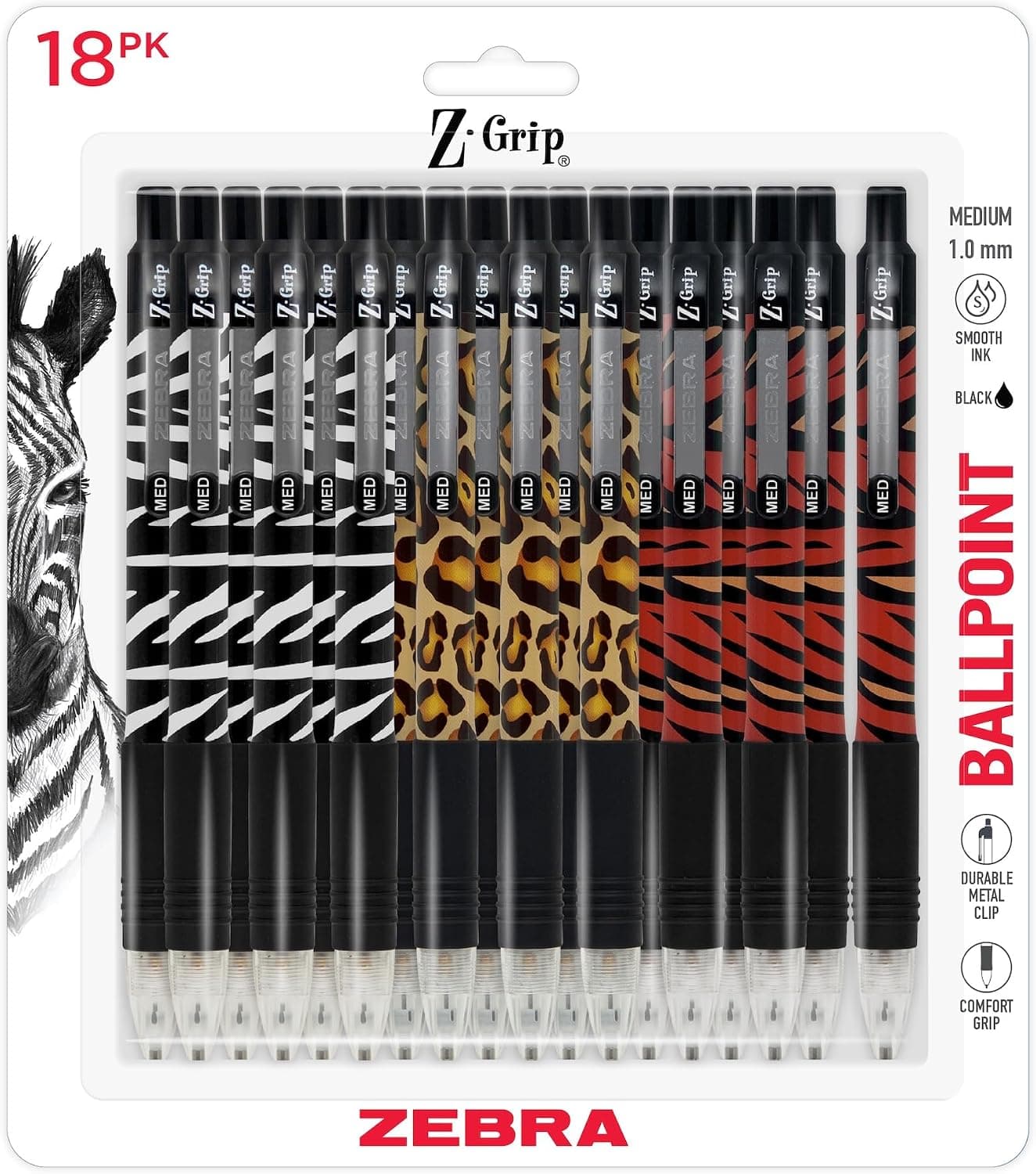 Bolígrafo retráctil Zebra Pen Z-Grip con estampado animal, negro, 1 mm, paquete de 18 | Escritura suave, punta de punta media, ideal para planificadores, toma de notas, útiles escolares y de oficina y escritura diaria (22818)