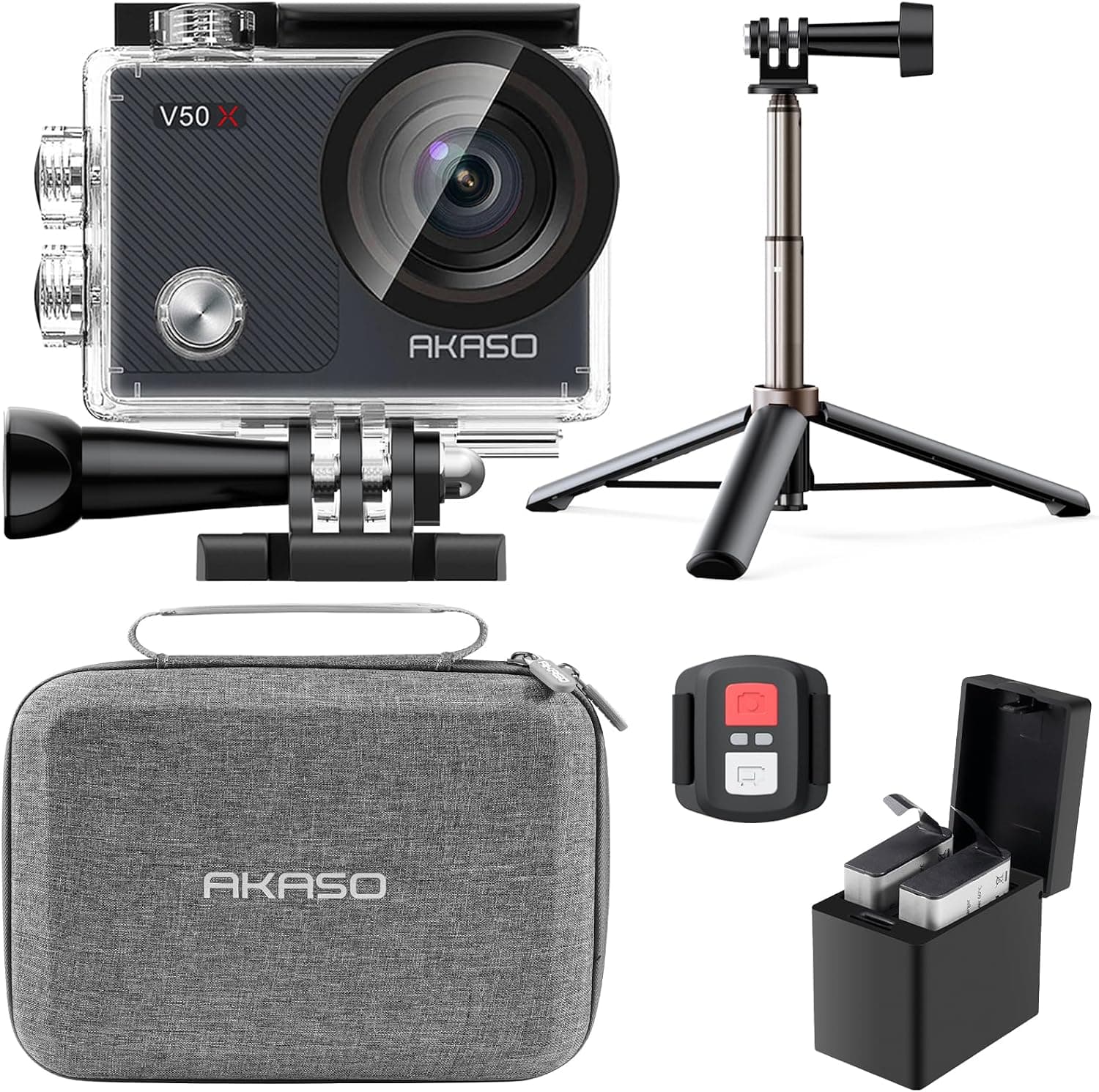 AKASO V50X Cámara de acción nativa WiFi 4K30fps con pantalla táctil EIS Zoom 4X Cámara impermeable de 131 pies Soporte de micrófono externo Control remoto (con trípode/palo selfie y bolsa de transporte) | EIS, WiFi, pantalla táctil, cámara impermeable con zoom 4X de 131 pies, control remoto, soporte para micrófono externo, con accesorios para casco