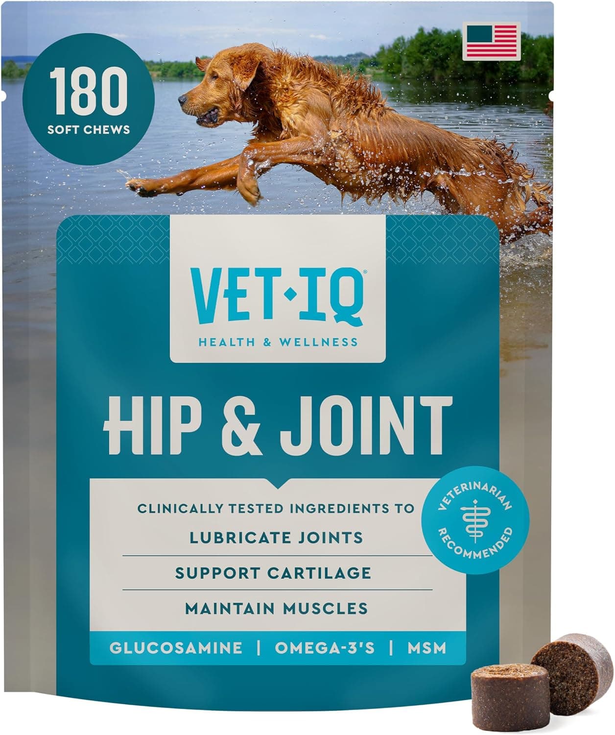 VetIQ Glucosamina masticables para caderas y articulaciones para perros, MSM y krill, 180 unidades
