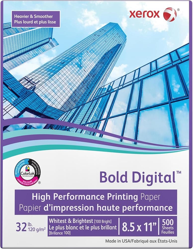 Papel de impresión Xerox® Bold Digital™, tamaño carta, brillo 100, texto de 32 lb (120 GSM), certificado FSC®, blanco, resma de 500 hojas