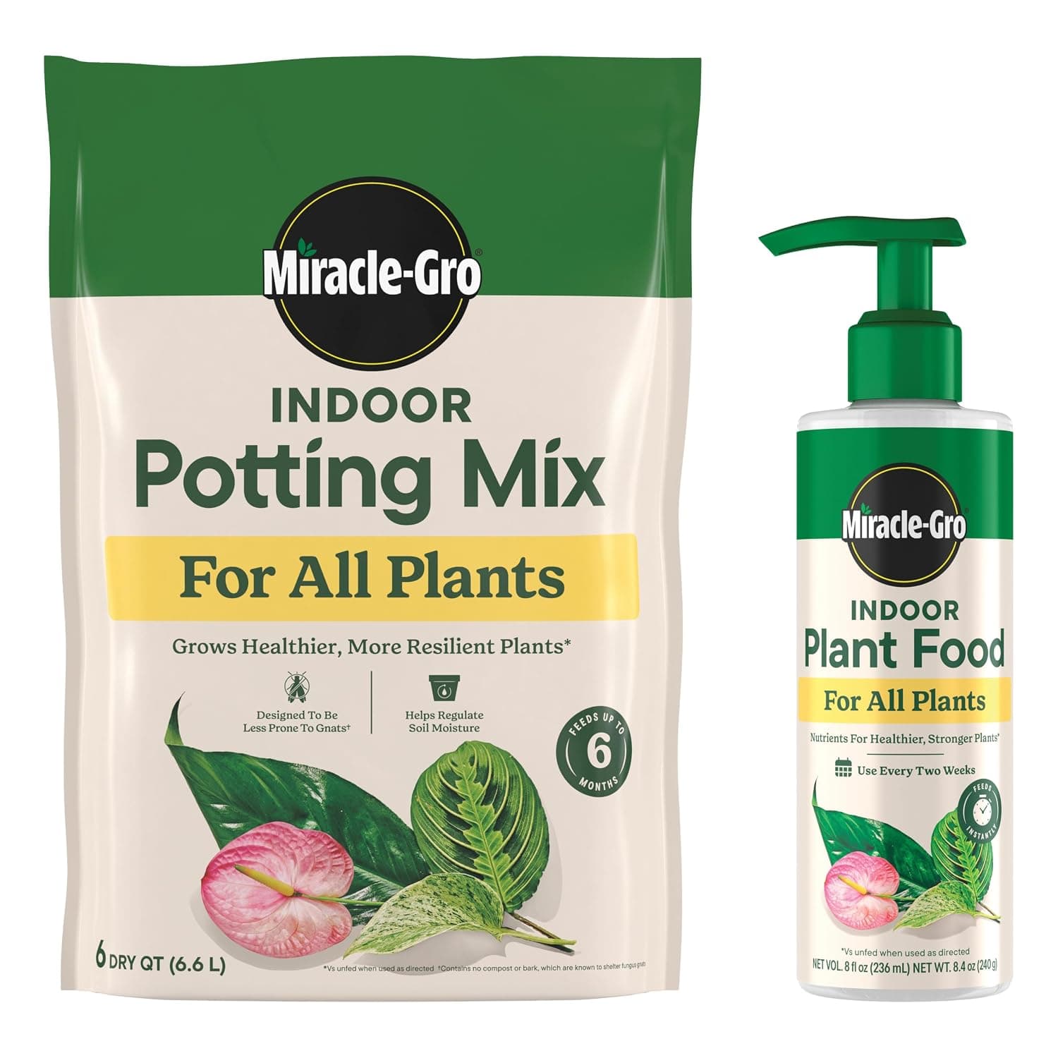 Mezcla para macetas de interior Miracle-Gro y alimento para plantas de interior Miracle-Gro | Cuidado de plantas de interior con 6 qt. Tierra para macetas y 8 fl. onz. Fertilizante líquido para plantas de interior