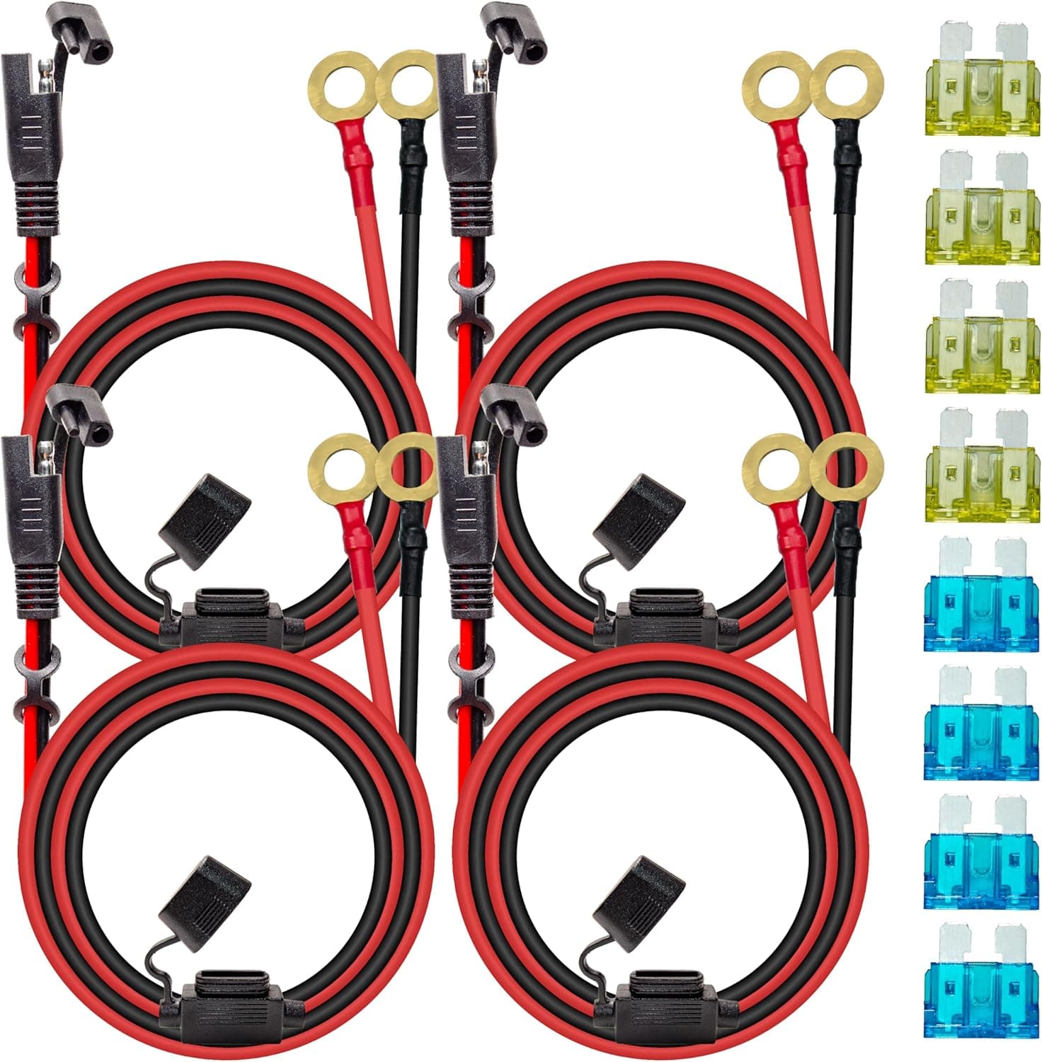 BFXM 4 cables de extensión de conector SAE de 10 AWG y 2 pies con fusible de 15 y 20 A | Arnés de desconexión rápida del terminal SAE de 2 pines a junta tórica para automóvil, motocicleta, panel solar