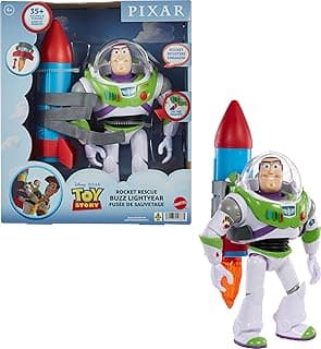 Mattel Disney y Pixar Toy Story Figura de acción parlante, Rocket Rescue Buzz Lightyear con más de 20 sonidos y frases y visera de casco móvil, escala de 12 pulgadas