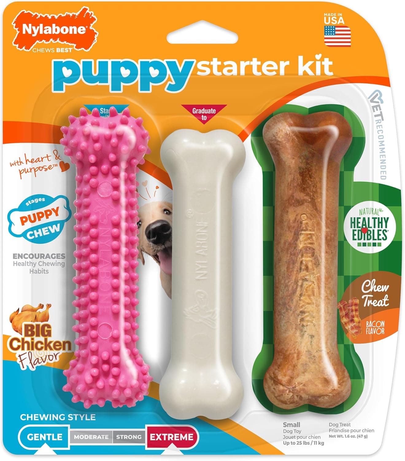 Nylabone New Puppy Starter Kit, juguetes para la dentición para cachorros, paquete de 3, rosa | Juguetes para la dentición para cachorros, juego de juguetes y golosinas masticables naturales para perros pequeños de hasta 25 libras, sabor duradero a pollo y tocino