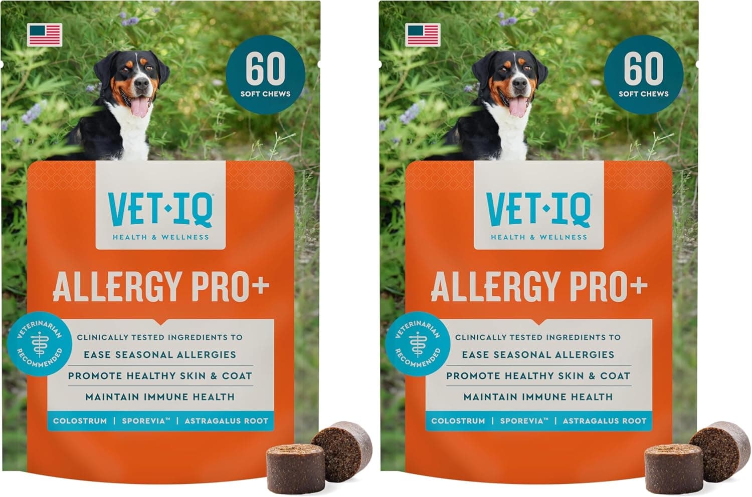 VetIQ Allergy Pro+ Soft Chews for Dogs, 60 Count, Seasonal Allergy Support, Colostrum, Astragalus Root, Sporevia, Hickory Smoke Flavor (Pack of 2)